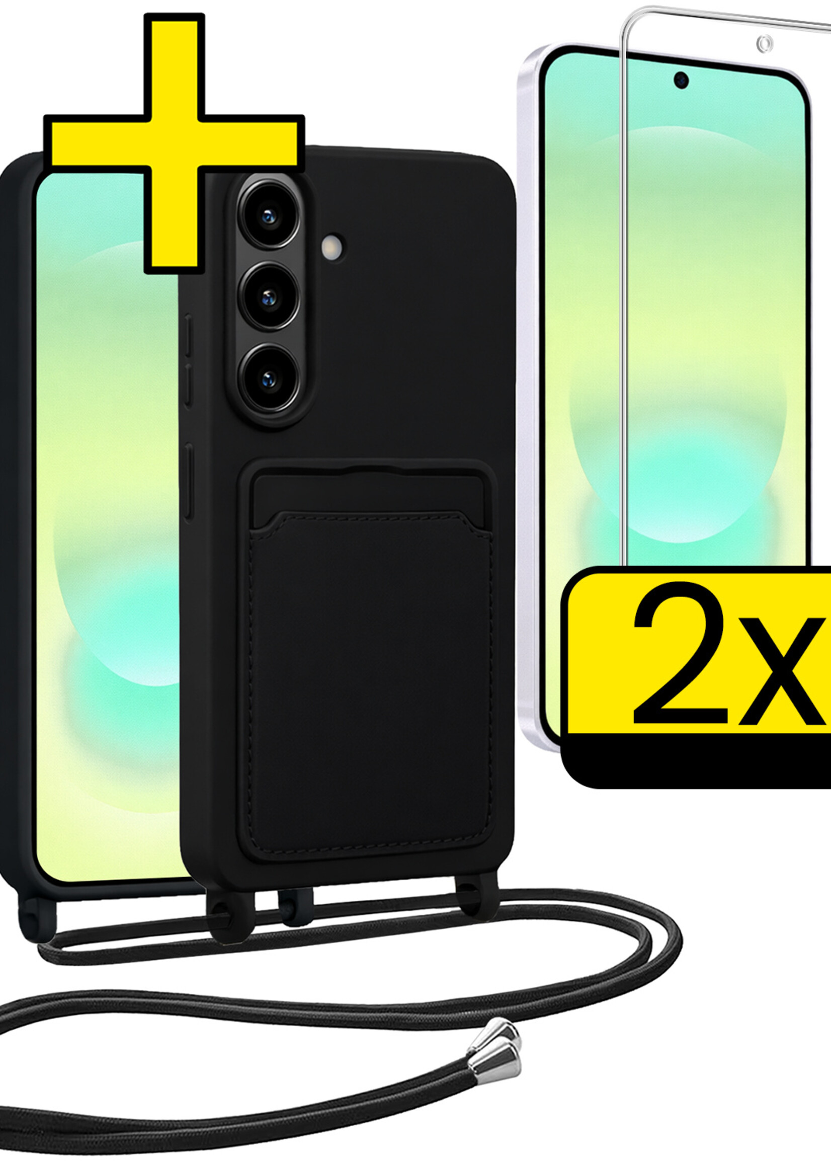 LUQ LUQ Samsung Galaxy A37 Hoesje Pashouder met Koord Met 2x Screenprotector - Zwart