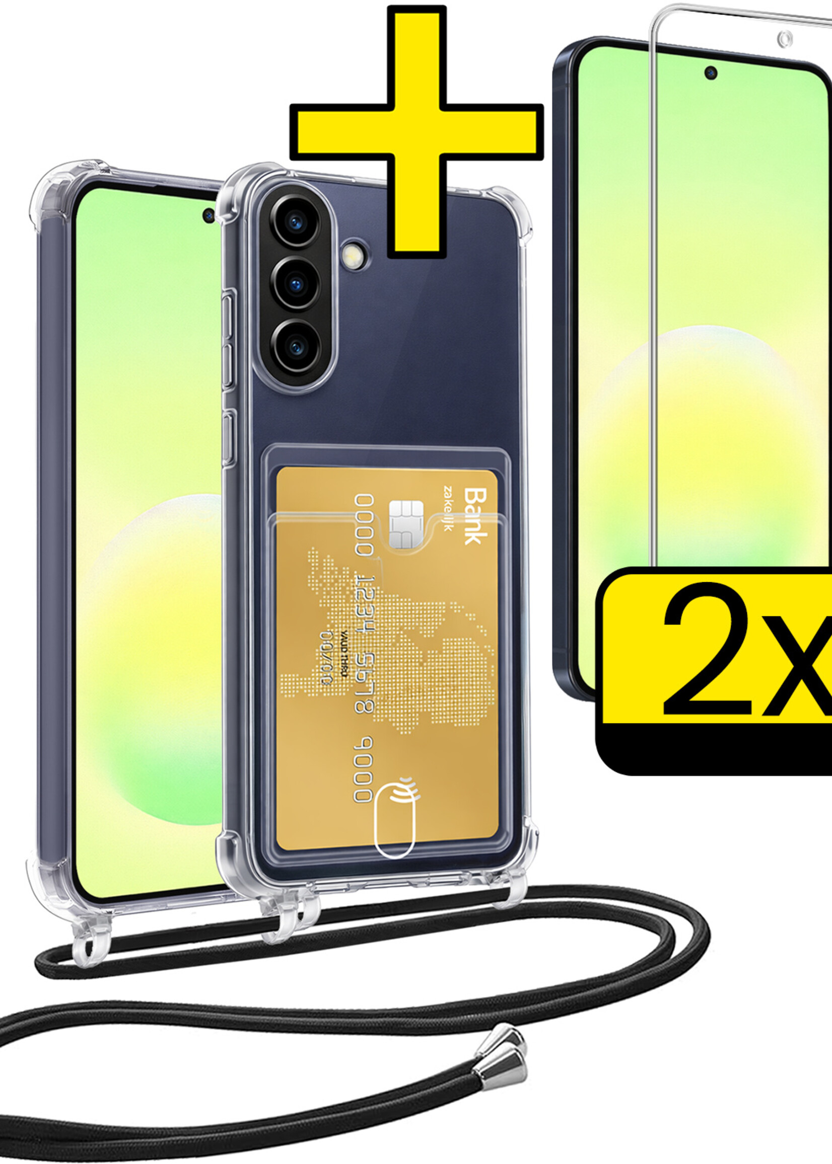 LUQ LUQ Samsung Galaxy A57 Hoesje Pashouder met Koord Met 2x Screenprotector