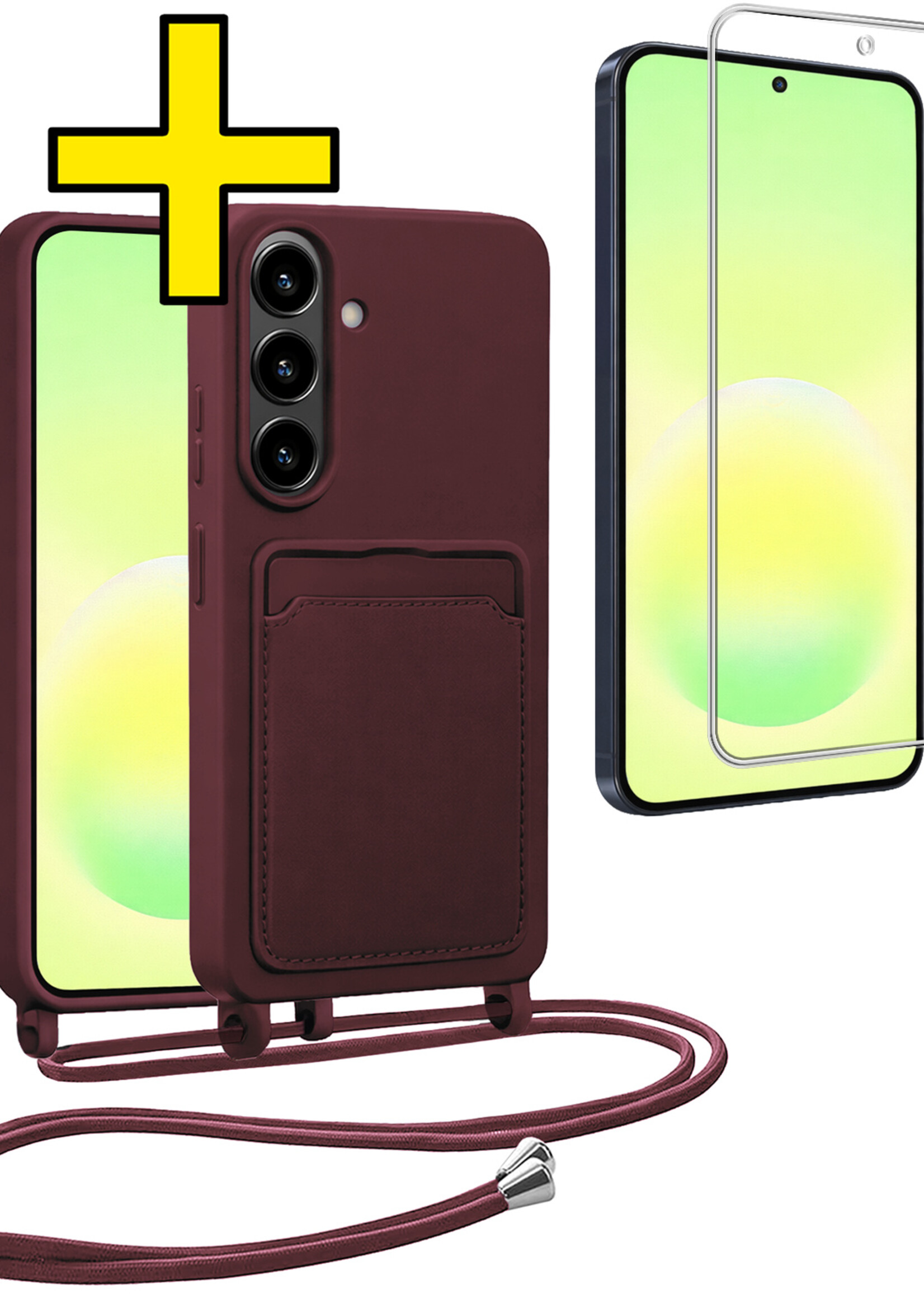 LUQ LUQ Samsung Galaxy A57 Hoesje Pashouder met Koord Met Screenprotector - Aubergine