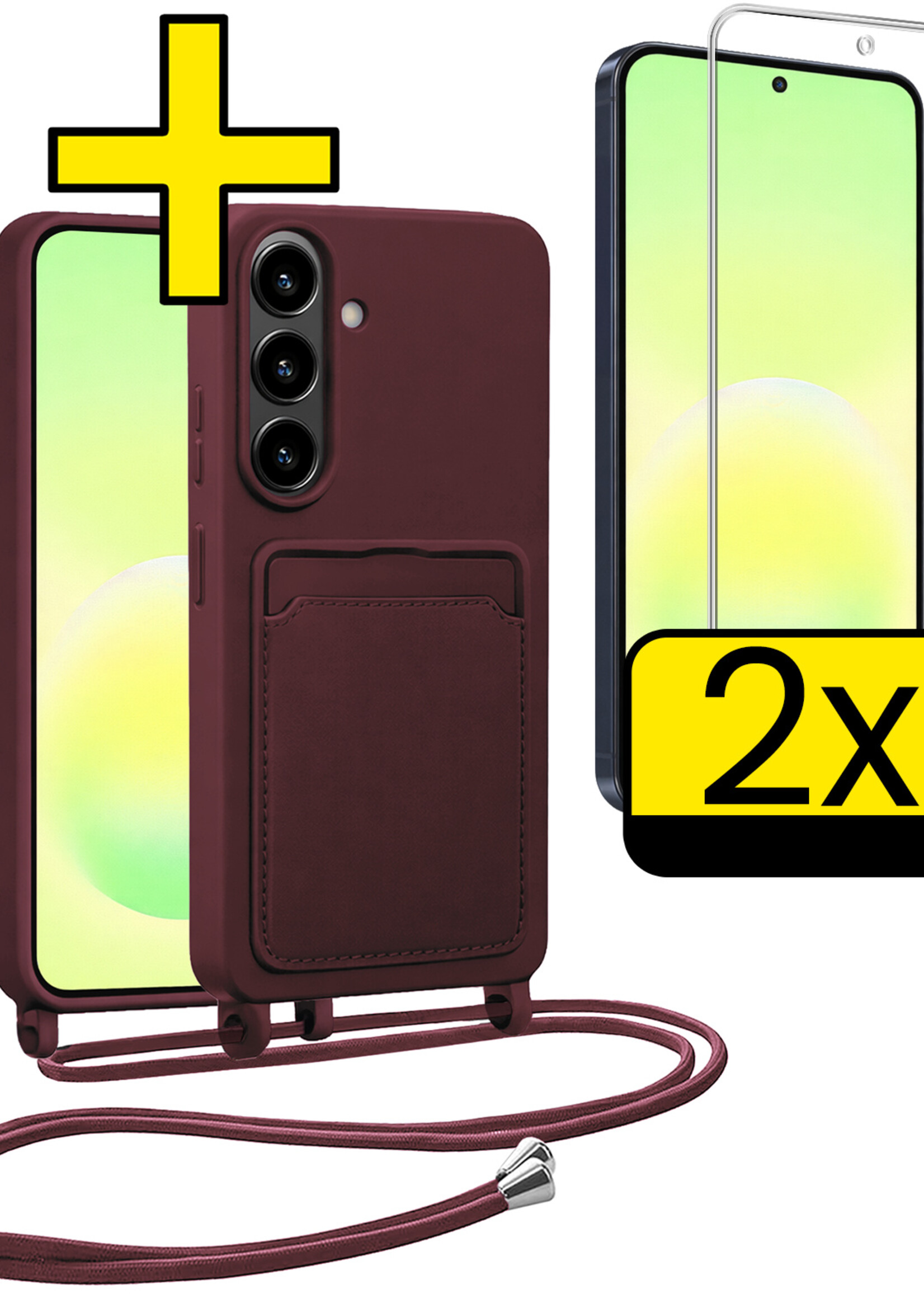 LUQ LUQ Samsung Galaxy A57 Hoesje Pashouder met Koord Met 2x Screenprotector - Aubergine