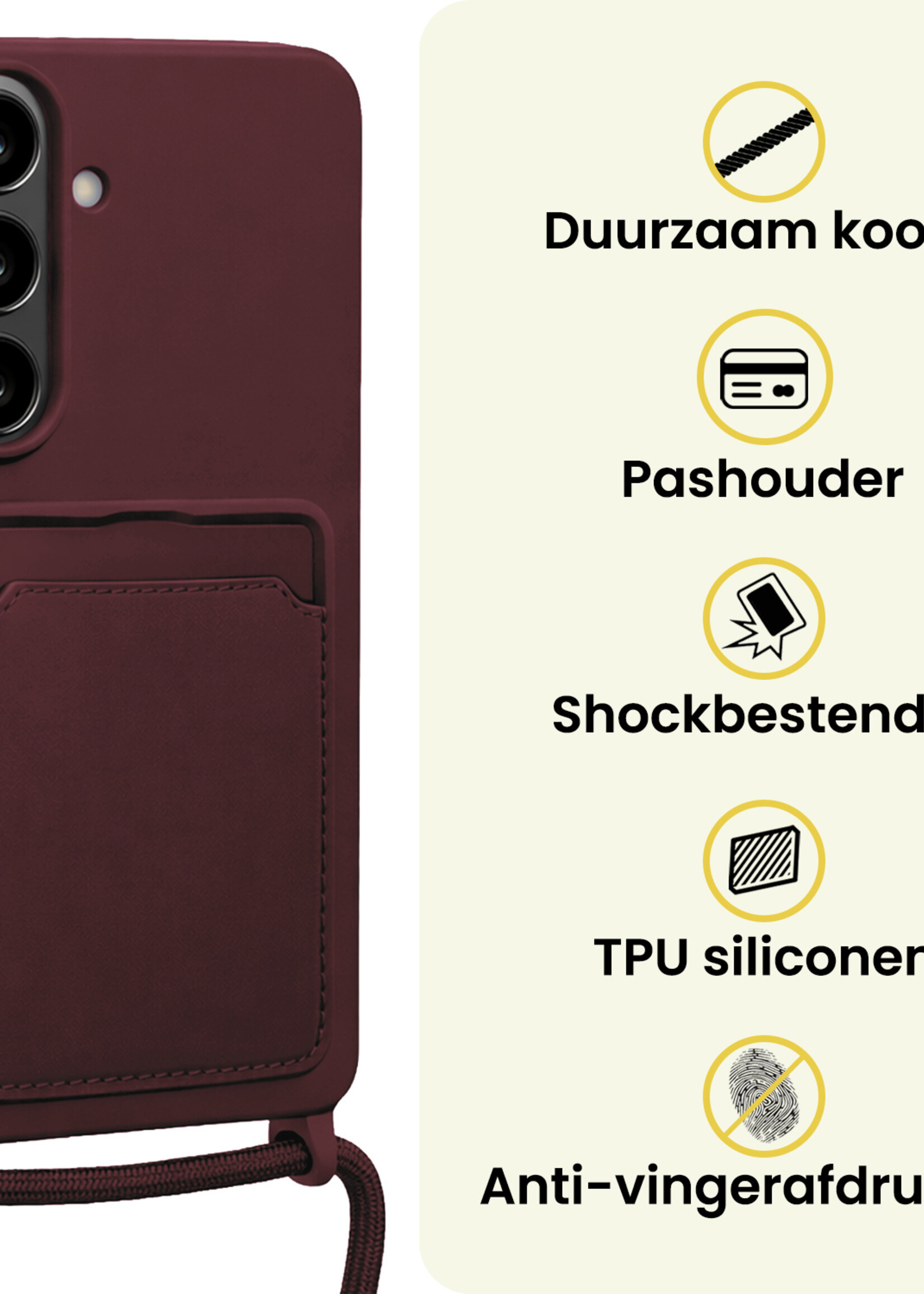 LUQ LUQ Samsung Galaxy A57 Hoesje Pashouder met Koord Met 2x Screenprotector - Aubergine