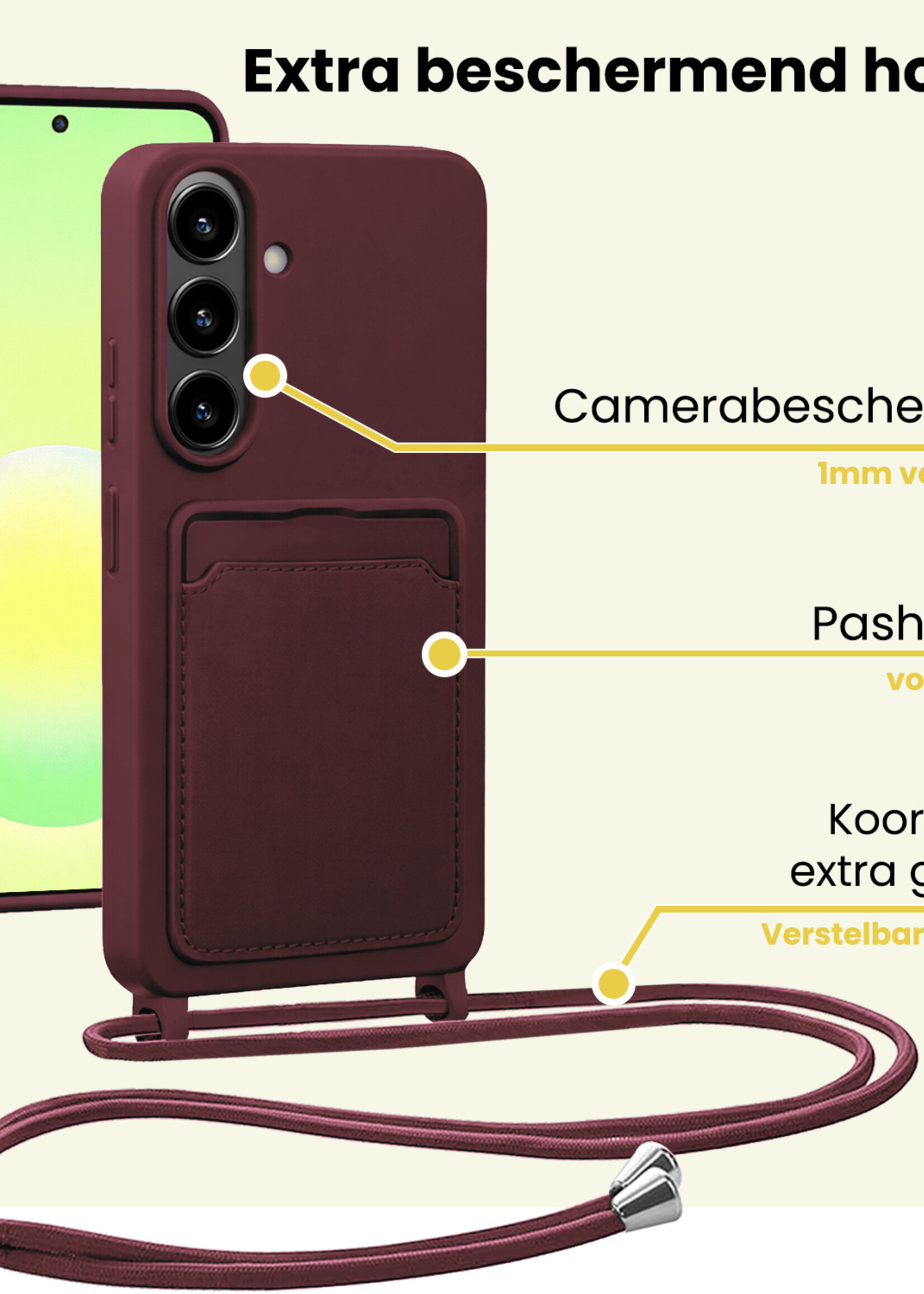 LUQ LUQ Samsung Galaxy A57 Hoesje Pashouder met Koord Met 2x Screenprotector - Aubergine