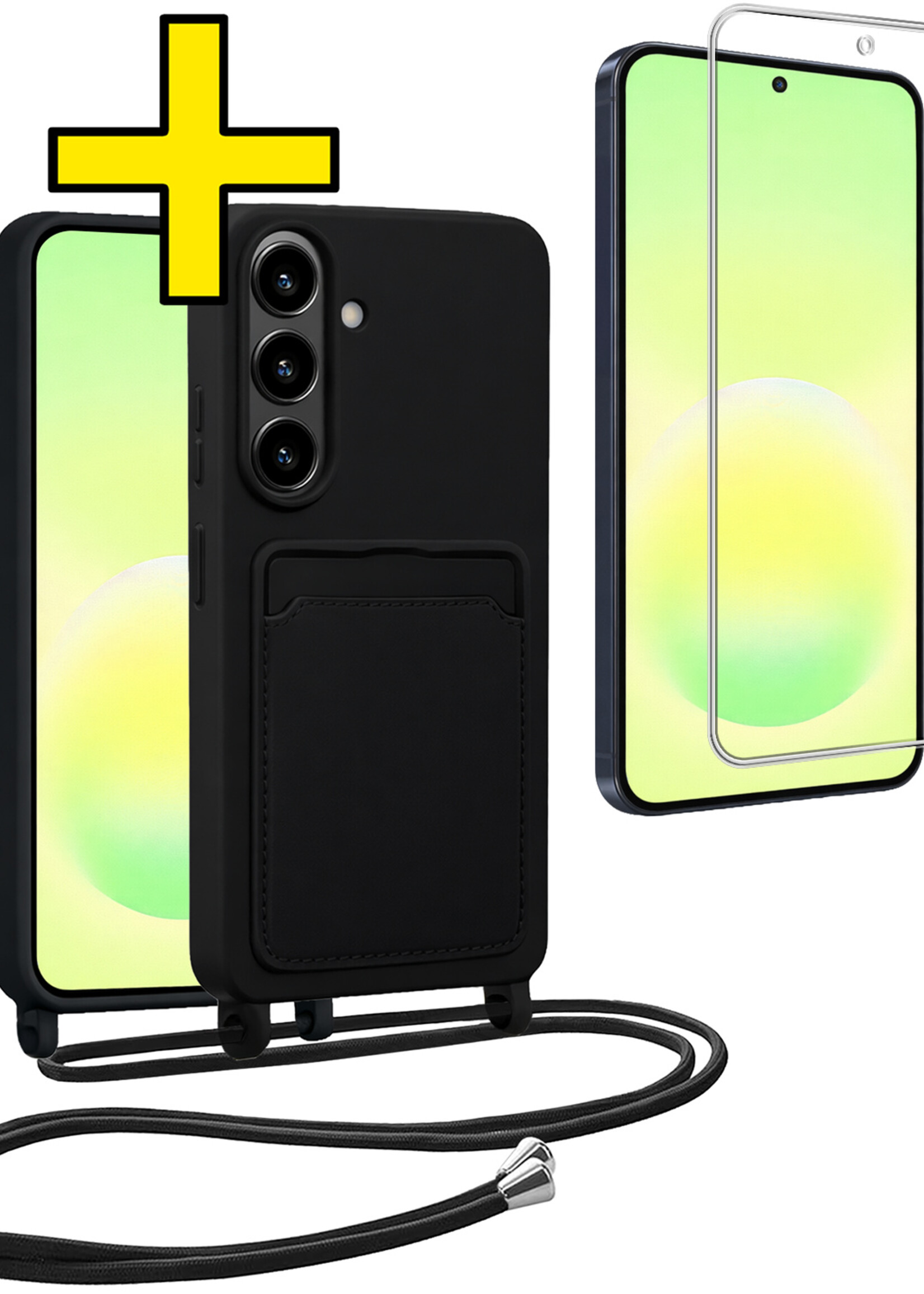 LUQ LUQ Samsung Galaxy A57 Hoesje Pashouder met Koord Met Screenprotector - Zwart