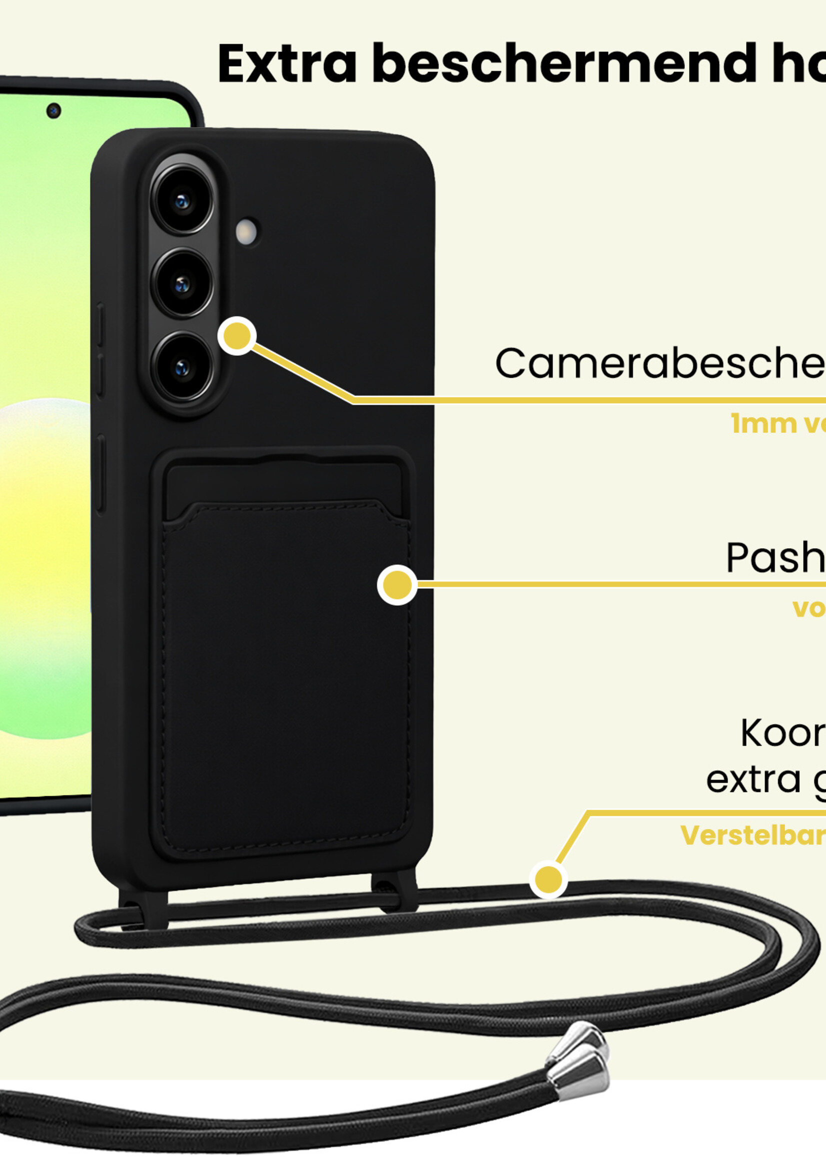 LUQ LUQ Samsung Galaxy A57 Hoesje Pashouder met Koord Met Screenprotector - Zwart