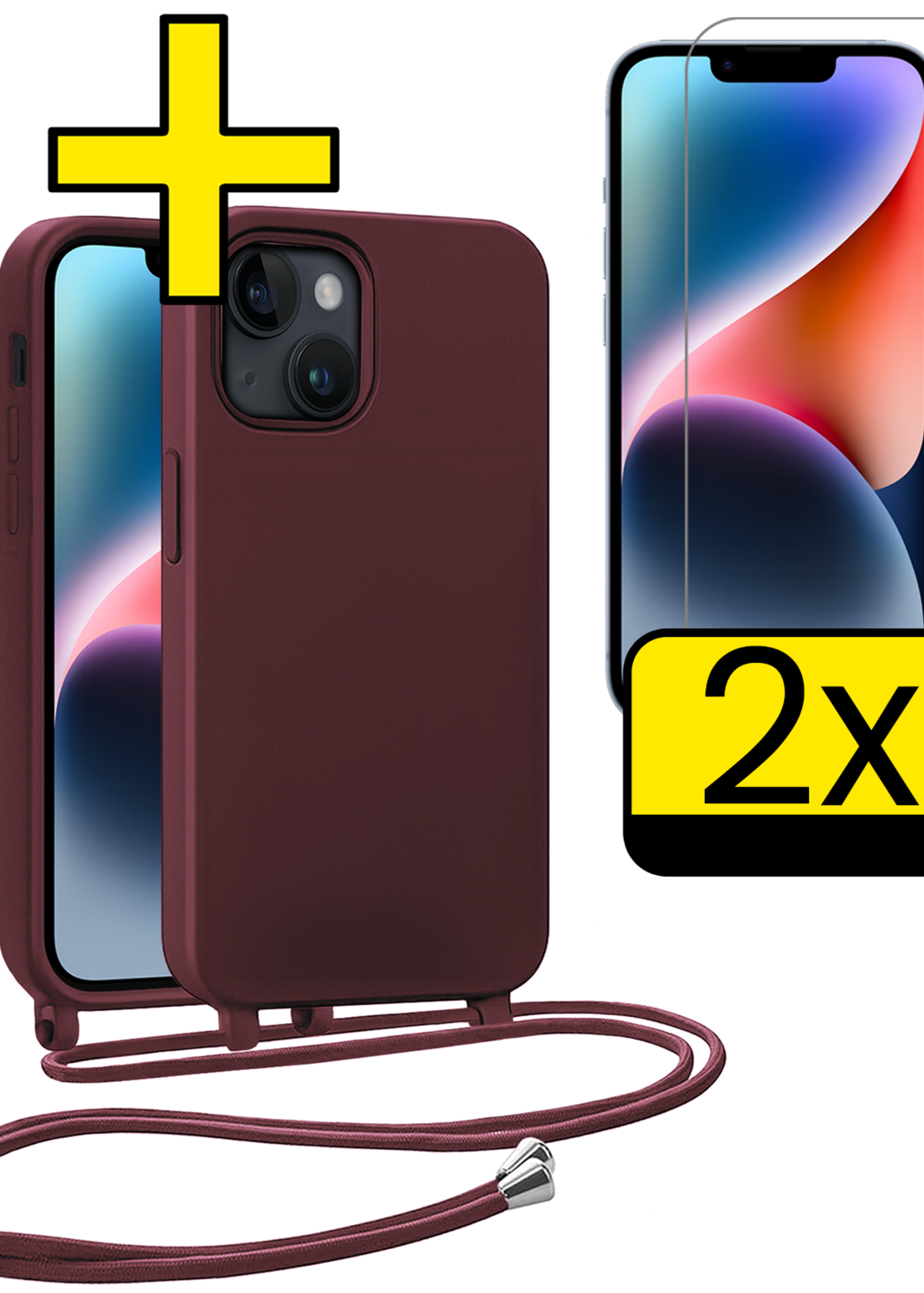 LUQ LUQ iPhone 13 Mini Hoesje Met Koord Met 2x Screenprotector - Aubergine