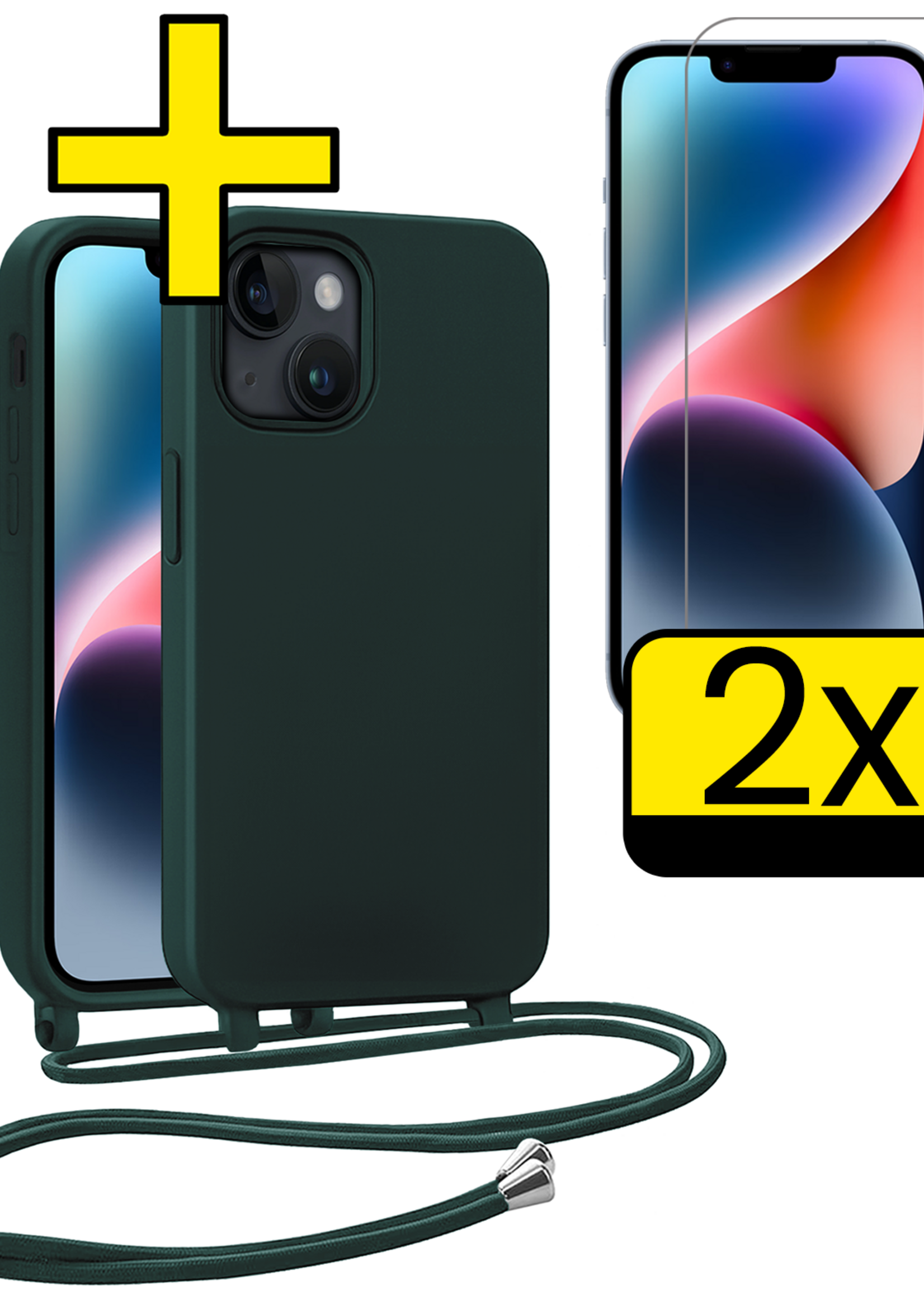 LUQ LUQ iPhone 13 Mini Hoesje Met Koord Met 2x Screenprotector - Donkergroen