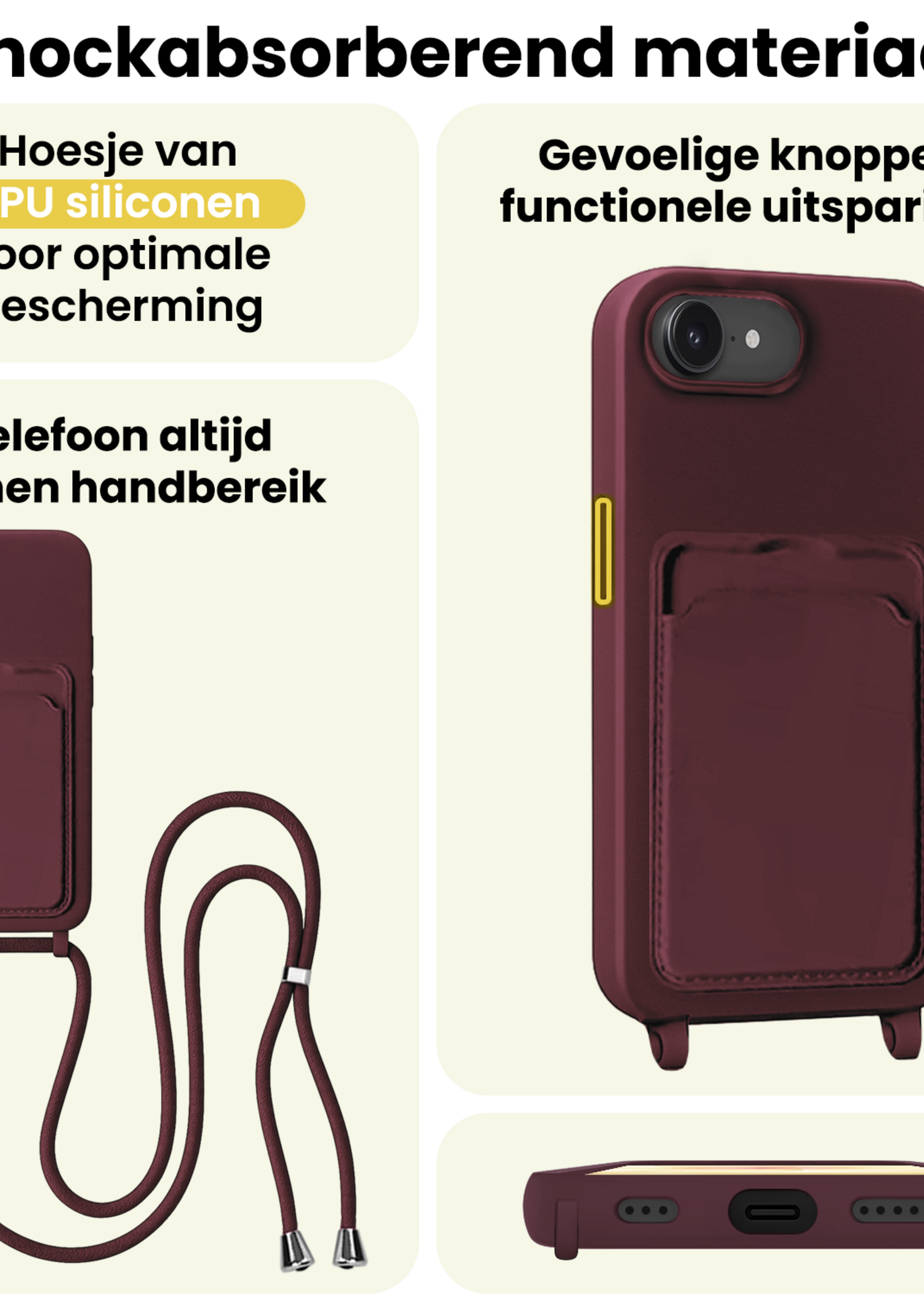 LUQ LUQ iPhone 17e Hoesje Pashouder met Koord Met Screenprotector - Aubergine