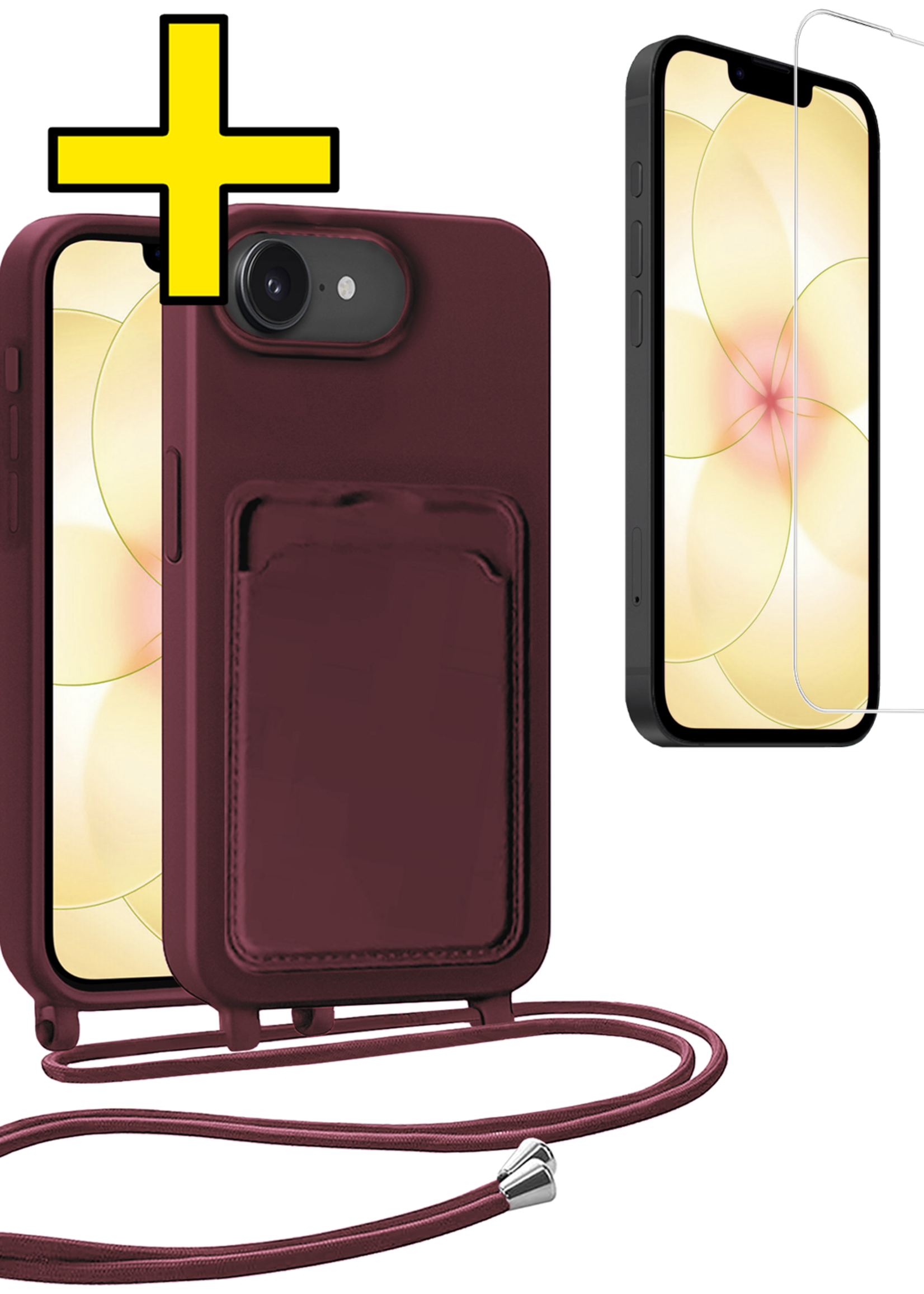 LUQ LUQ iPhone 17e Hoesje Pashouder met Koord Met Screenprotector - Aubergine