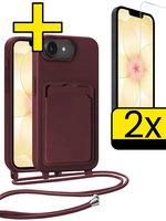 LUQ LUQ iPhone 17e Hoesje Pashouder met Koord Met 2x Screenprotector - Aubergine