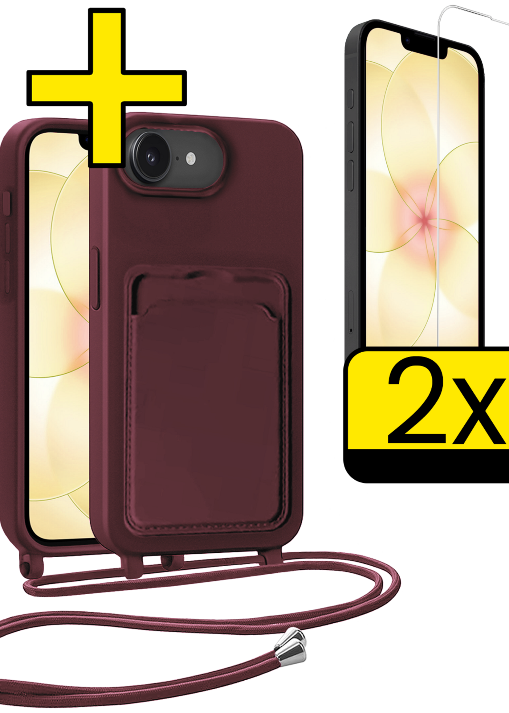 LUQ LUQ iPhone 17e Hoesje Pashouder met Koord Met 2x Screenprotector - Aubergine
