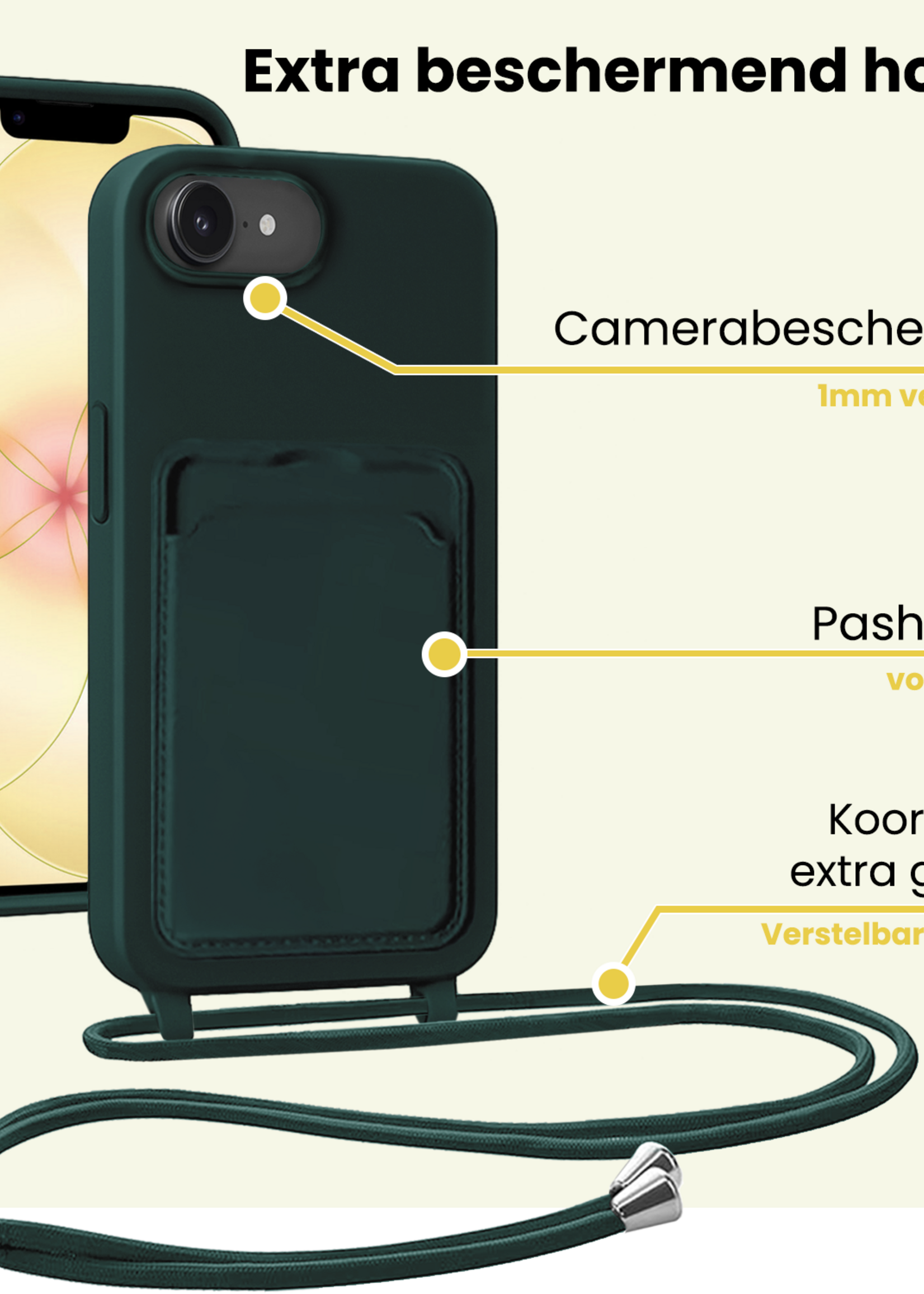 LUQ LUQ iPhone 17e Hoesje Pashouder met Koord - Donkergroen - 2 PACK