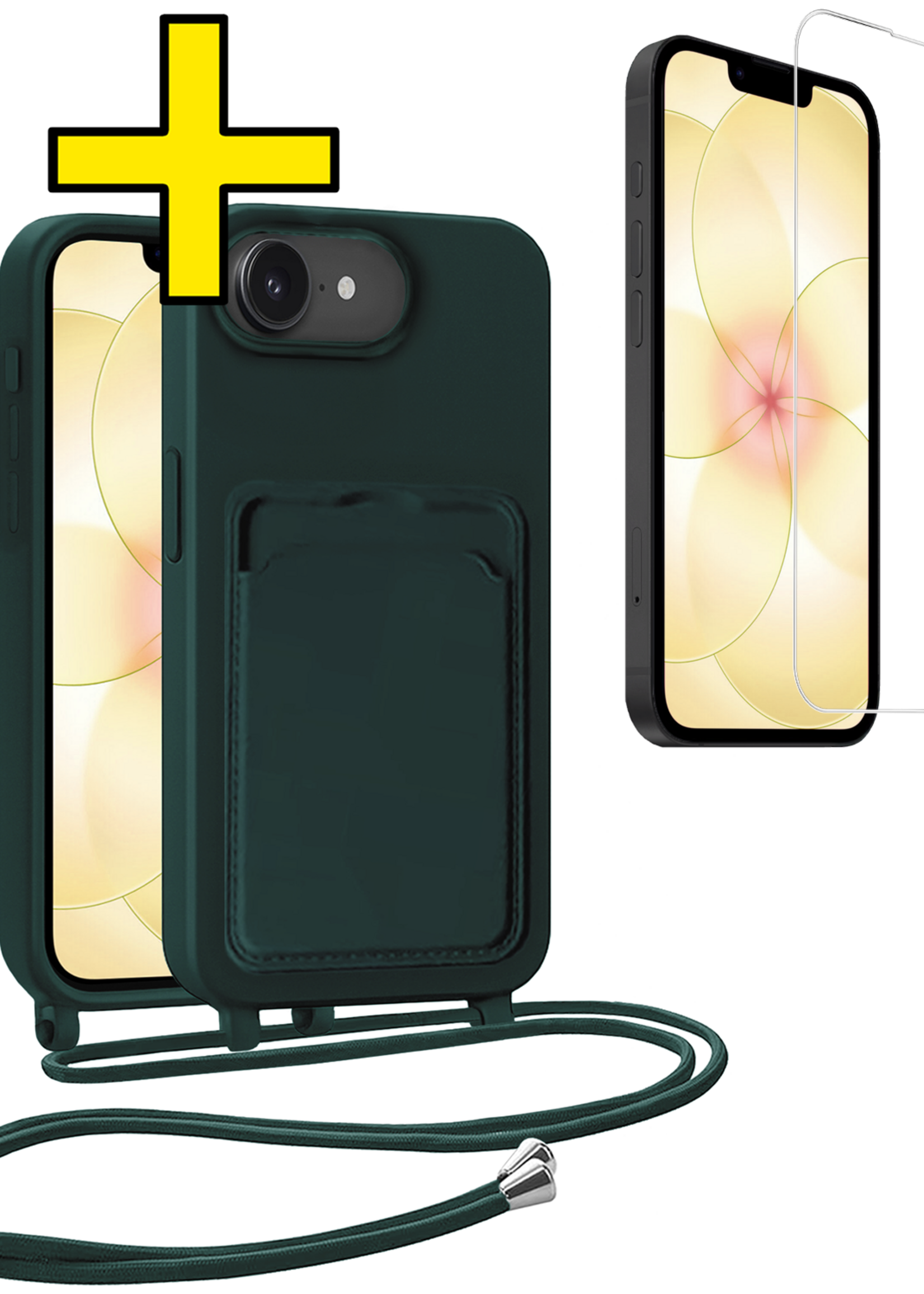 LUQ LUQ iPhone 17e Hoesje Pashouder met Koord Met Screenprotector - Donkergroen