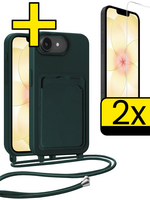 LUQ LUQ iPhone 17e Hoesje Pashouder met Koord Met 2x Screenprotector - Donkergroen