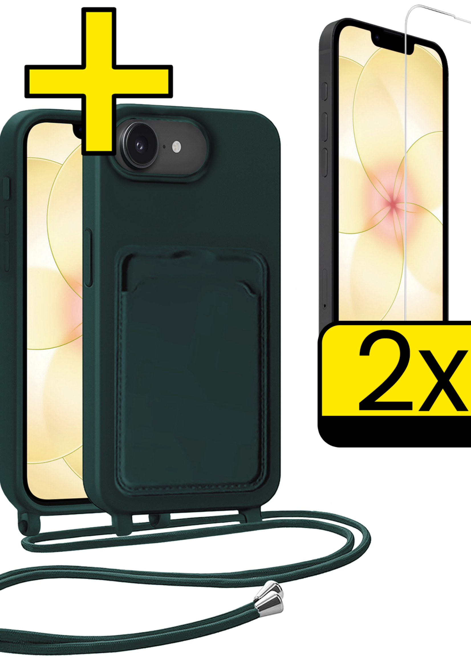 LUQ LUQ iPhone 17e Hoesje Pashouder met Koord Met 2x Screenprotector - Donkergroen