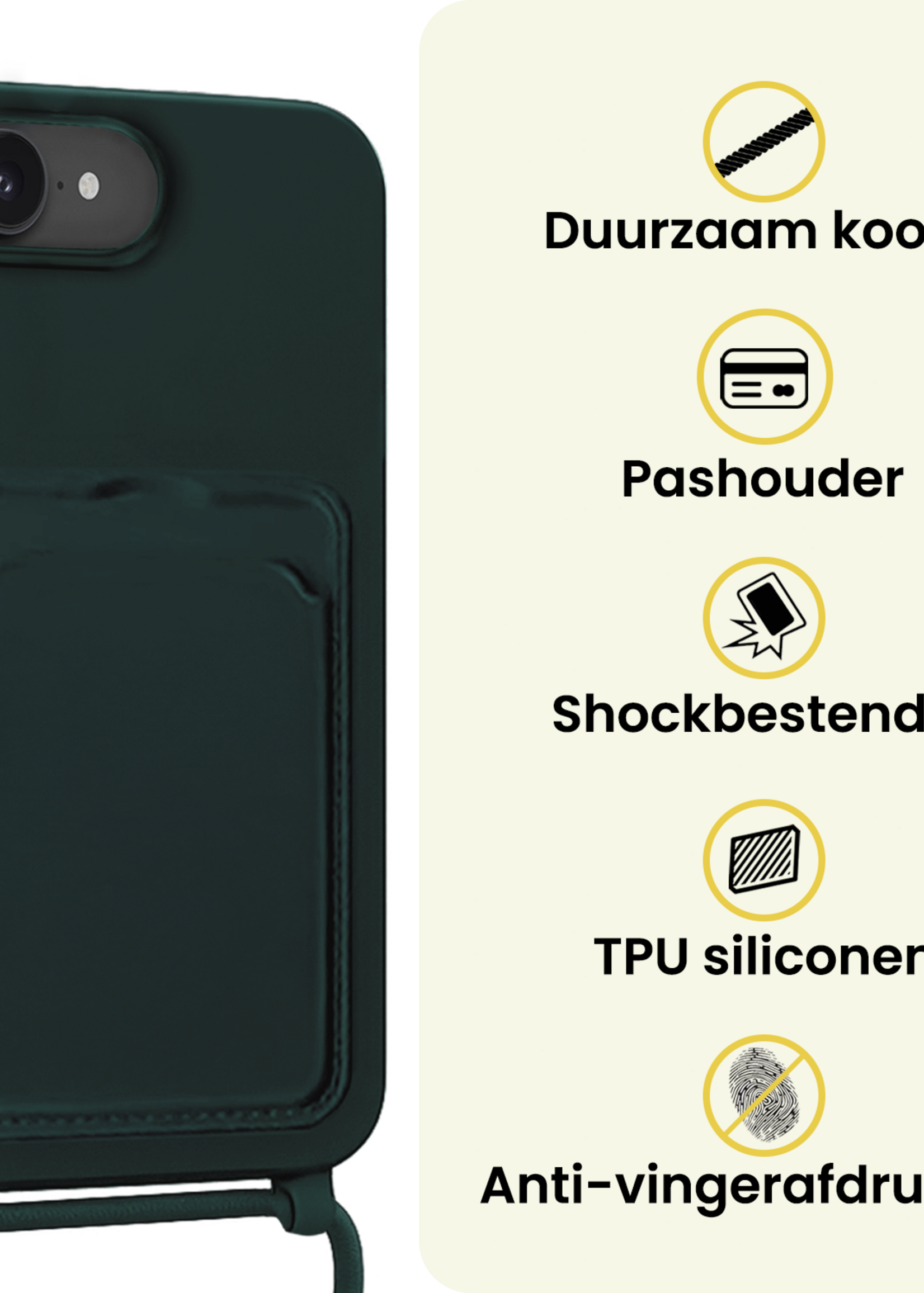 LUQ LUQ iPhone 17e Hoesje Pashouder met Koord Met 2x Screenprotector - Donkergroen