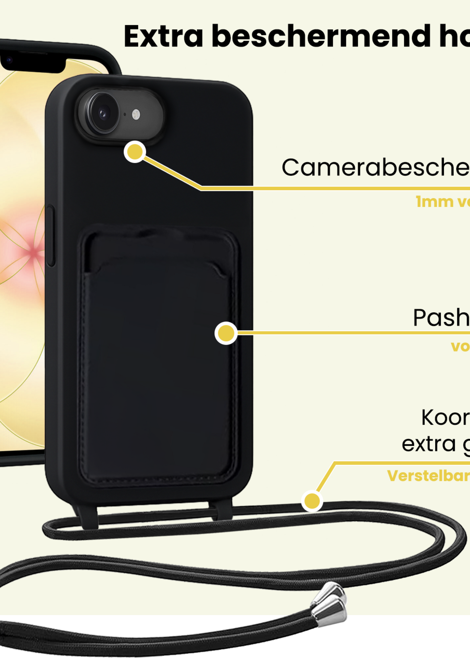 LUQ LUQ iPhone 17e Hoesje Pashouder met Koord Met Screenprotector - Zwart