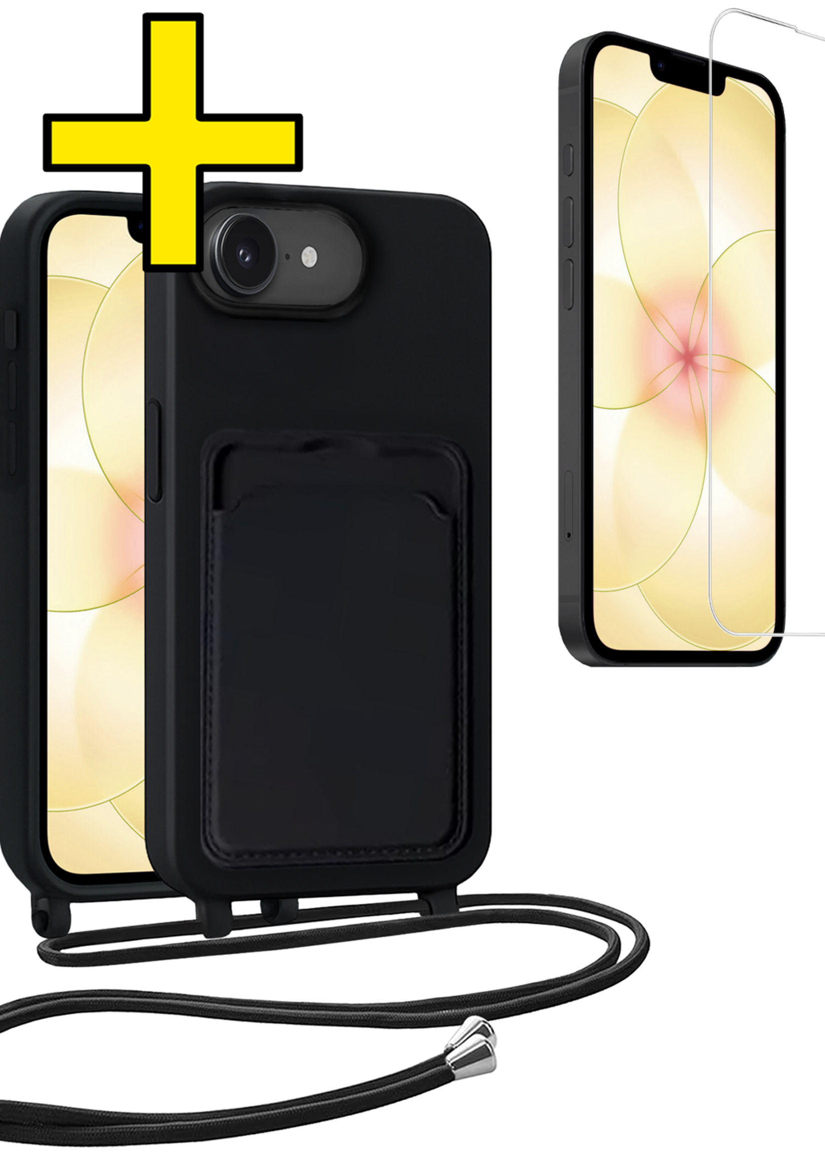 LUQ LUQ iPhone 17e Hoesje Pashouder met Koord Met Screenprotector - Zwart