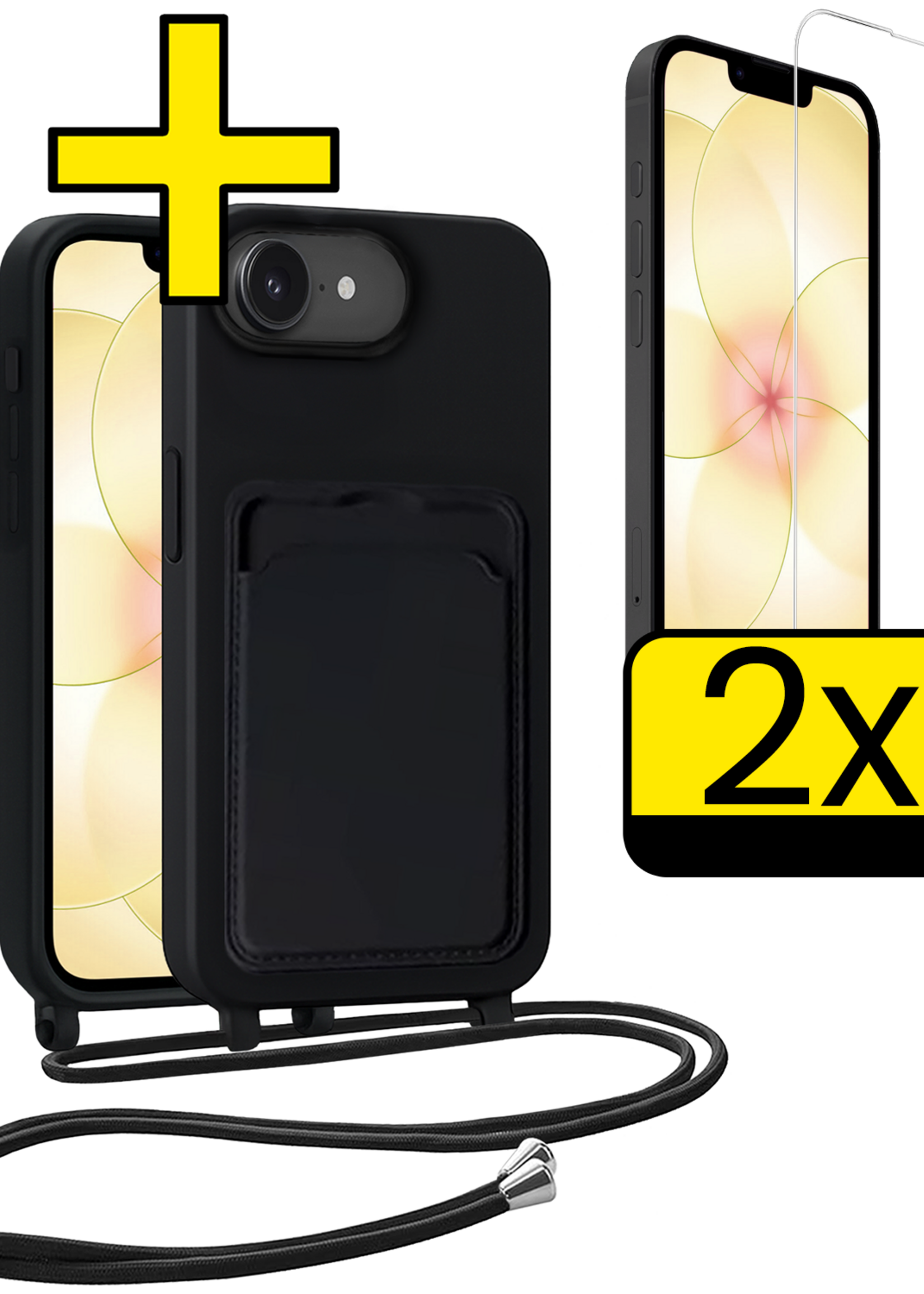 LUQ LUQ iPhone 17e Hoesje Pashouder met Koord Met 2x Screenprotector - Zwart