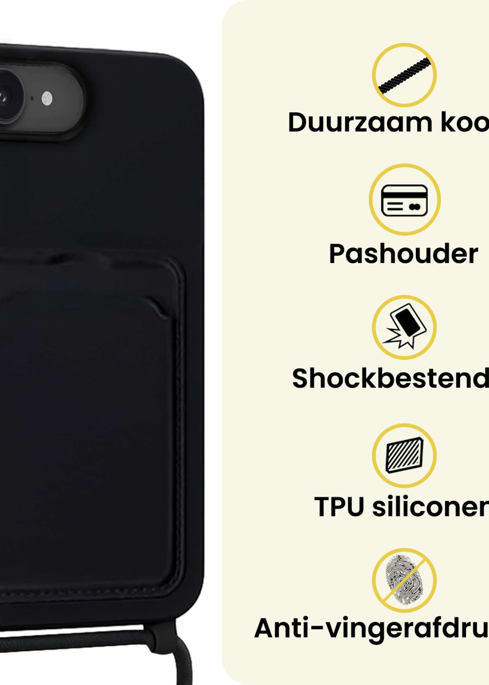 LUQ LUQ iPhone 17e Hoesje Pashouder met Koord Met 2x Screenprotector - Zwart