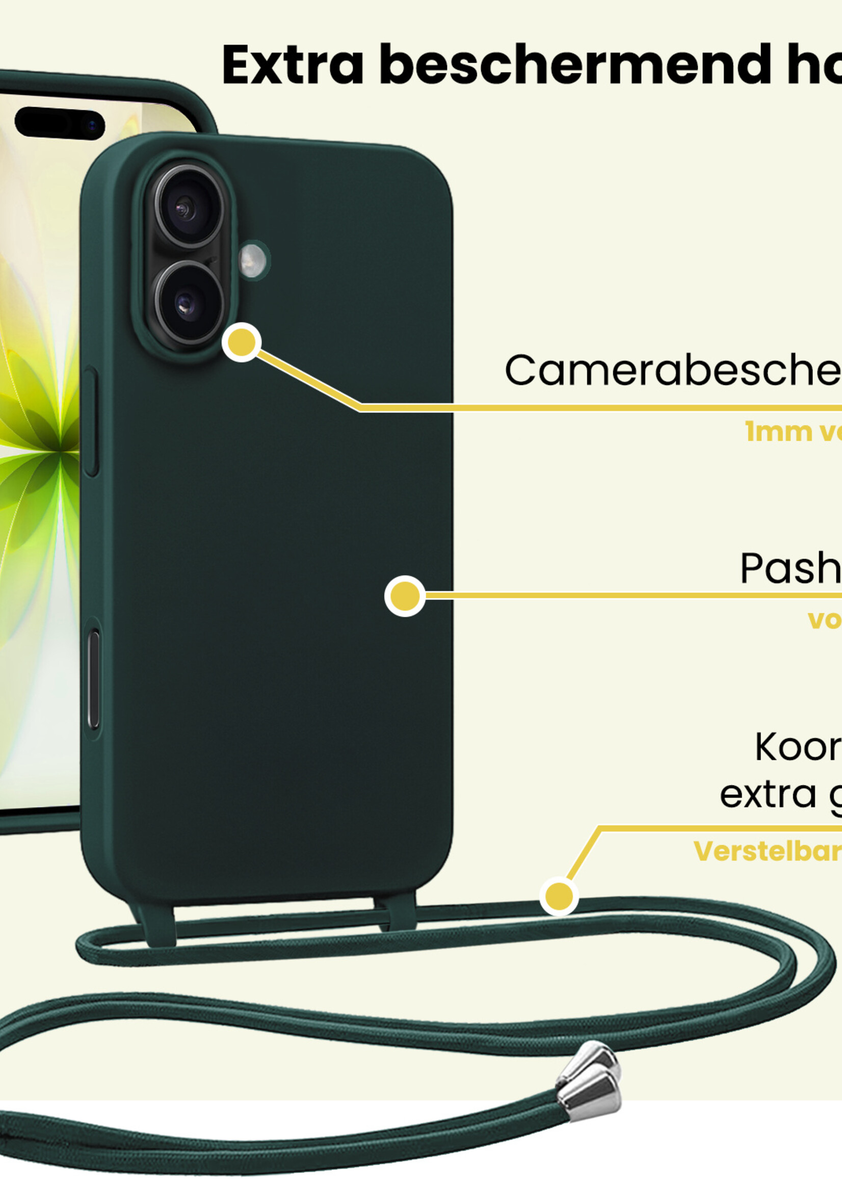 LUQ LUQ iPhone 17 Hoesje met Koord Met Screenprotector - Donkergroen