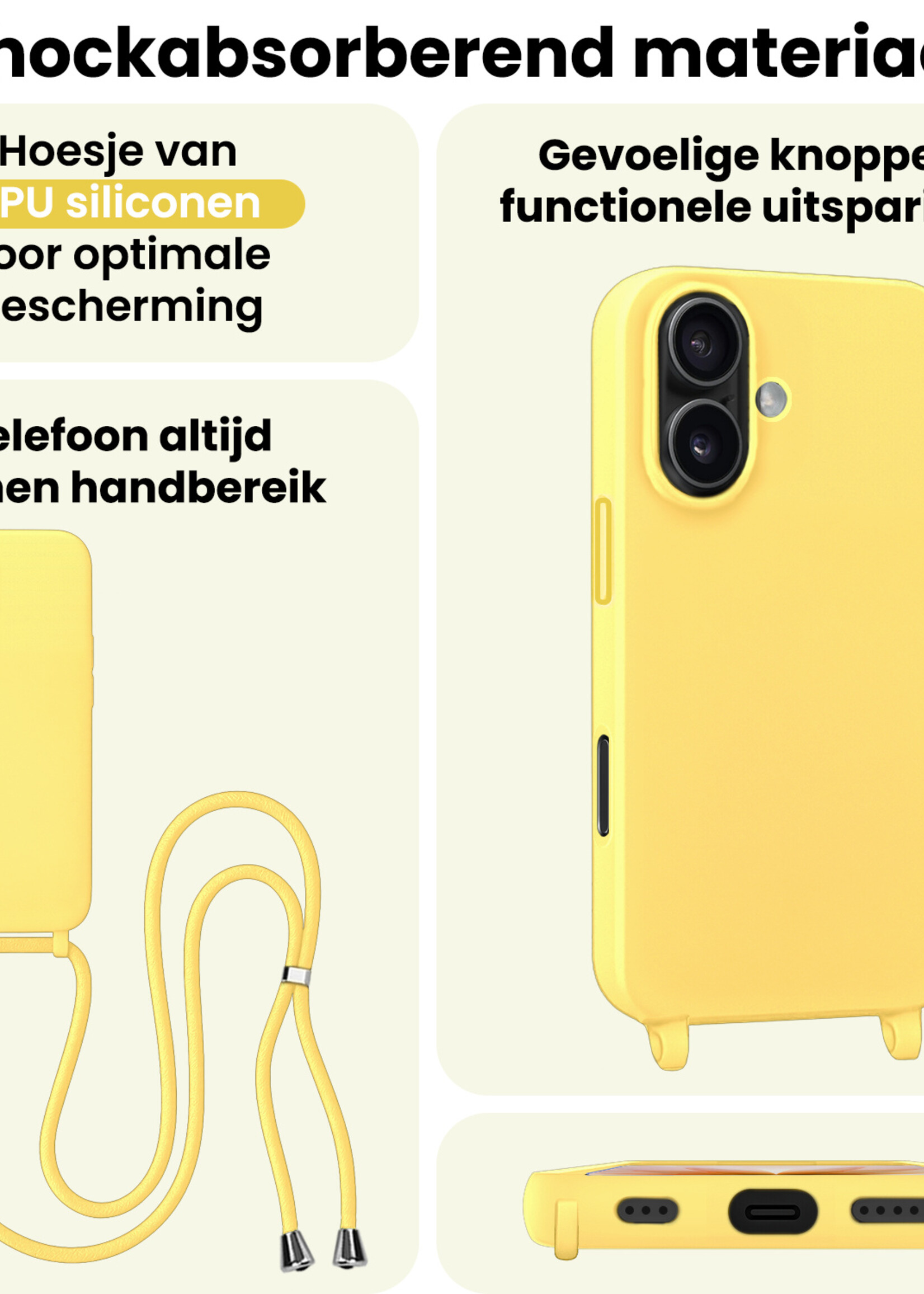 LUQ LUQ iPhone 17 Hoesje met Koord Met 2x Screenprotector - Geel