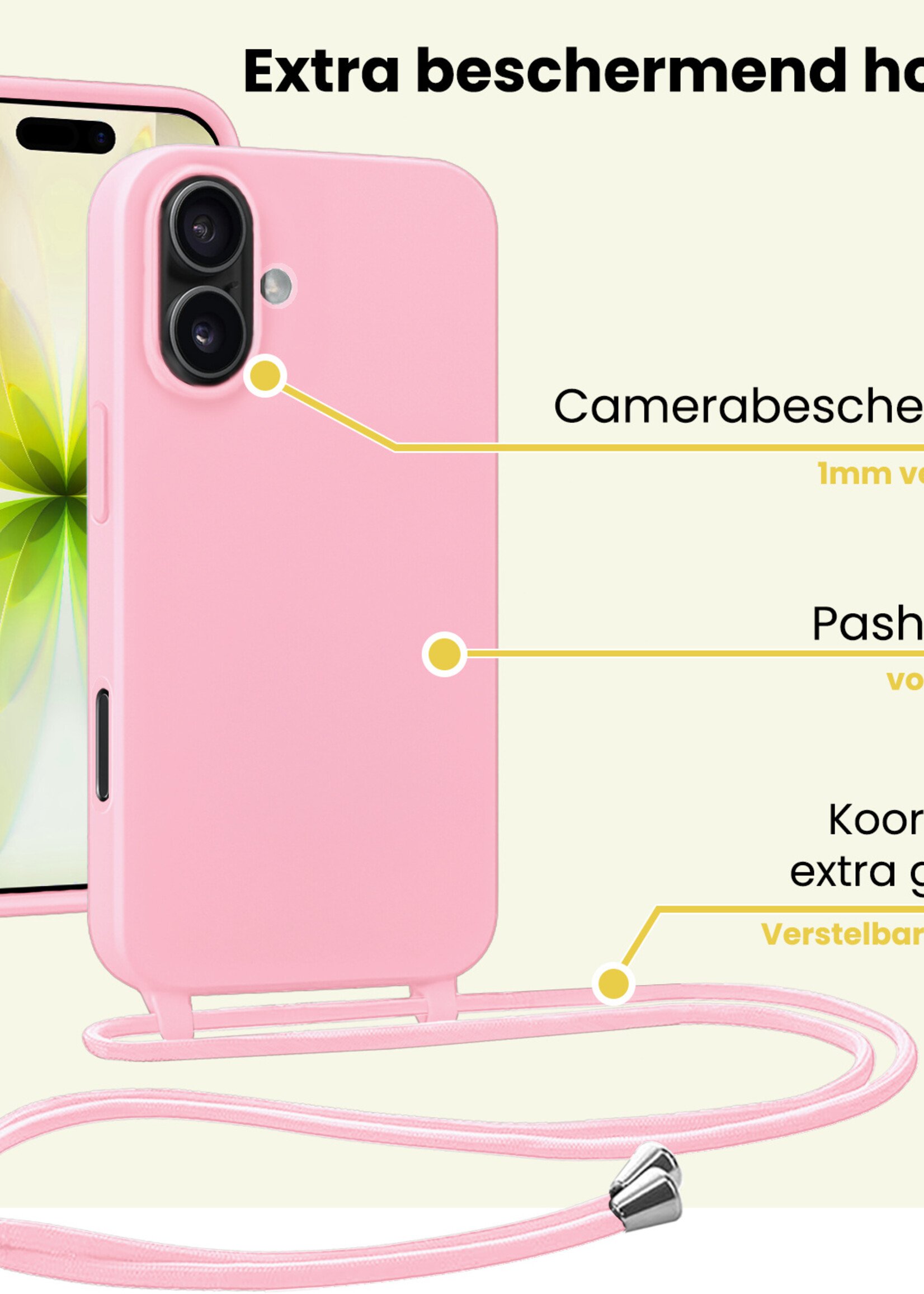 LUQ LUQ iPhone 17 Hoesje met Koord Met Screenprotector - Lichtroze