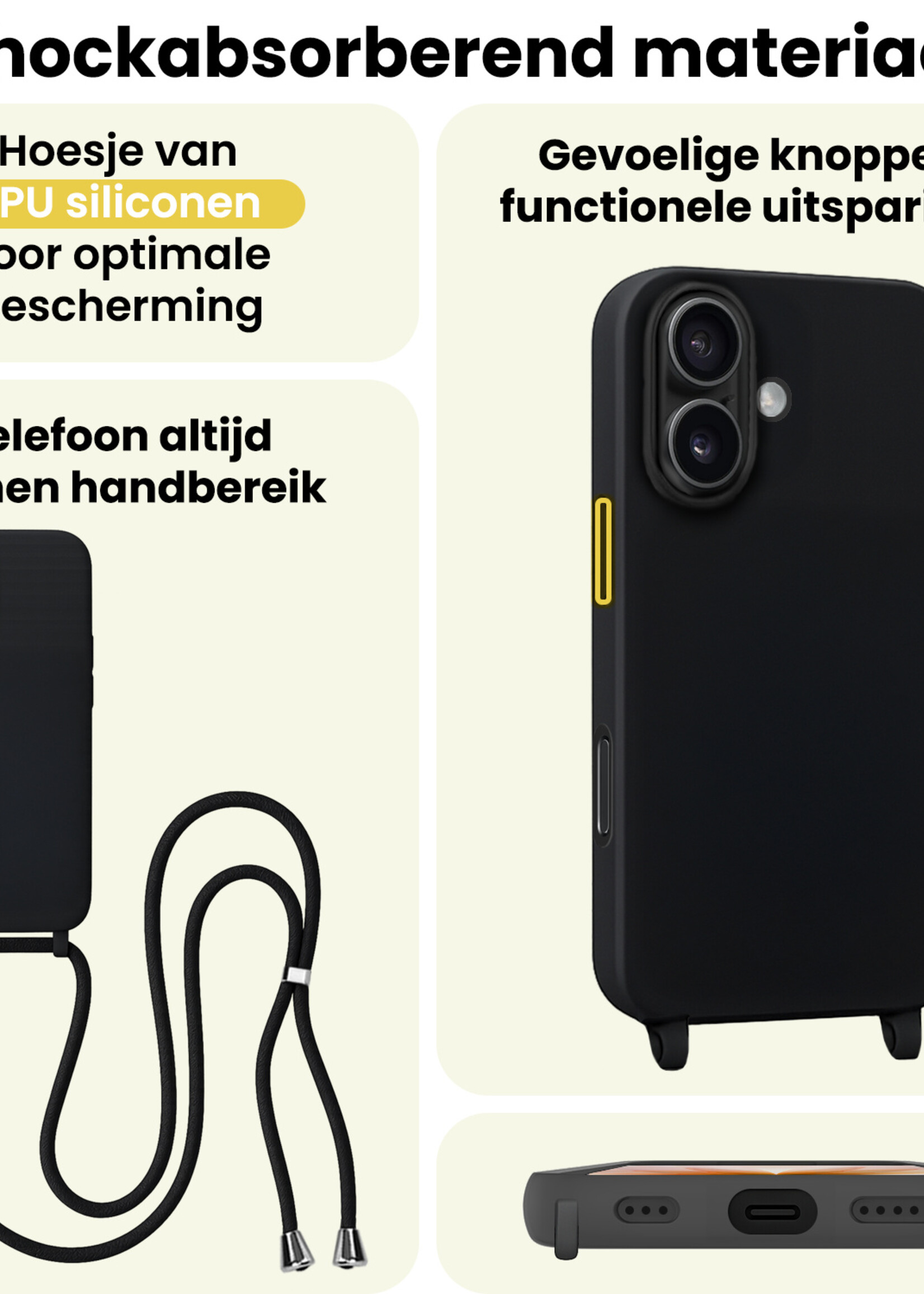 LUQ LUQ iPhone 17 Hoesje met Koord Met 2x Screenprotector - Zwart