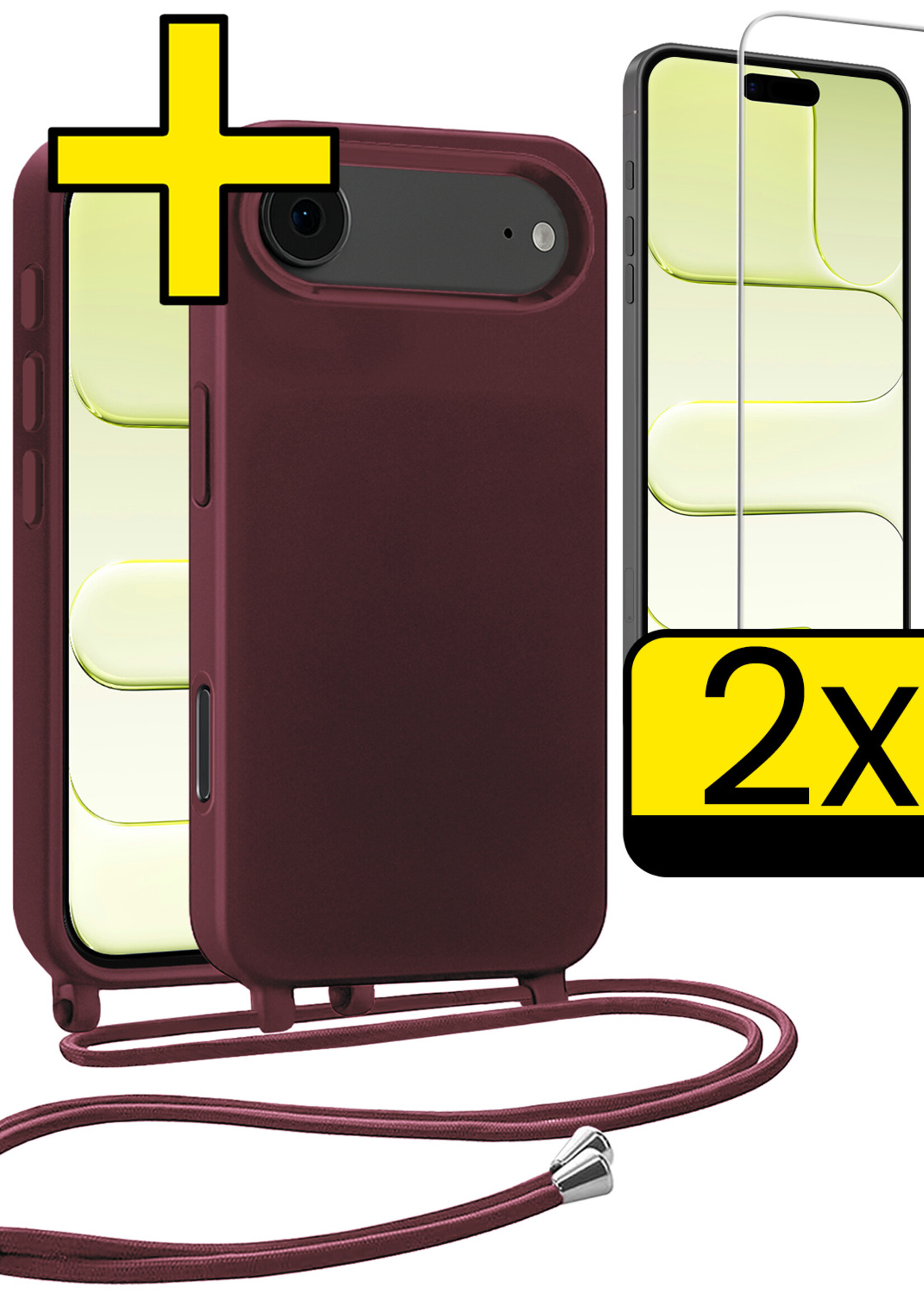LUQ LUQ iPhone Air Hoesje met Koord Met 2x Screenprotector - Aubergine