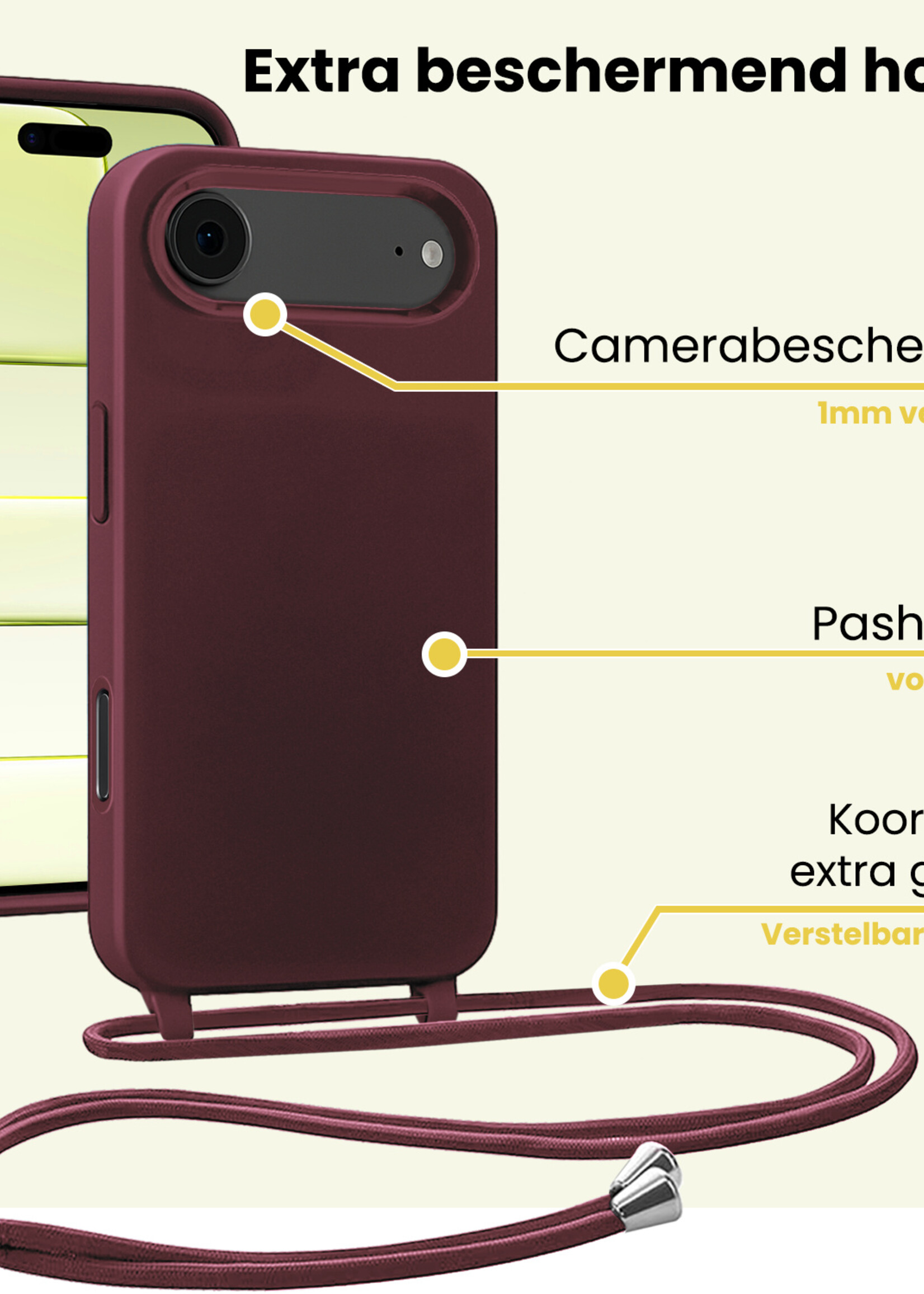 LUQ LUQ iPhone Air Hoesje met Koord Met 2x Screenprotector - Aubergine