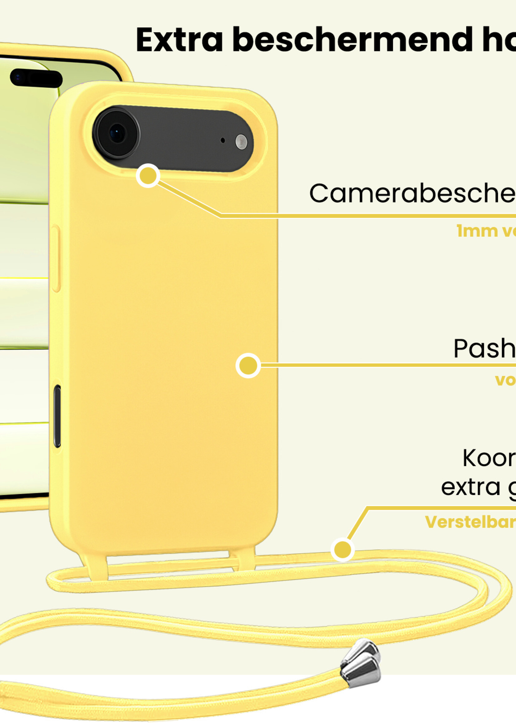 LUQ LUQ iPhone Air Hoesje met Koord Met 2x Screenprotector - Geel