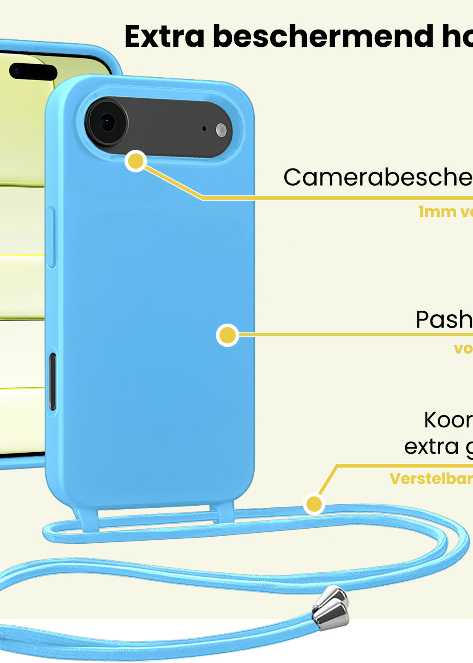 LUQ LUQ iPhone Air Hoesje met Koord Met 2x Screenprotector - Lichtblauw