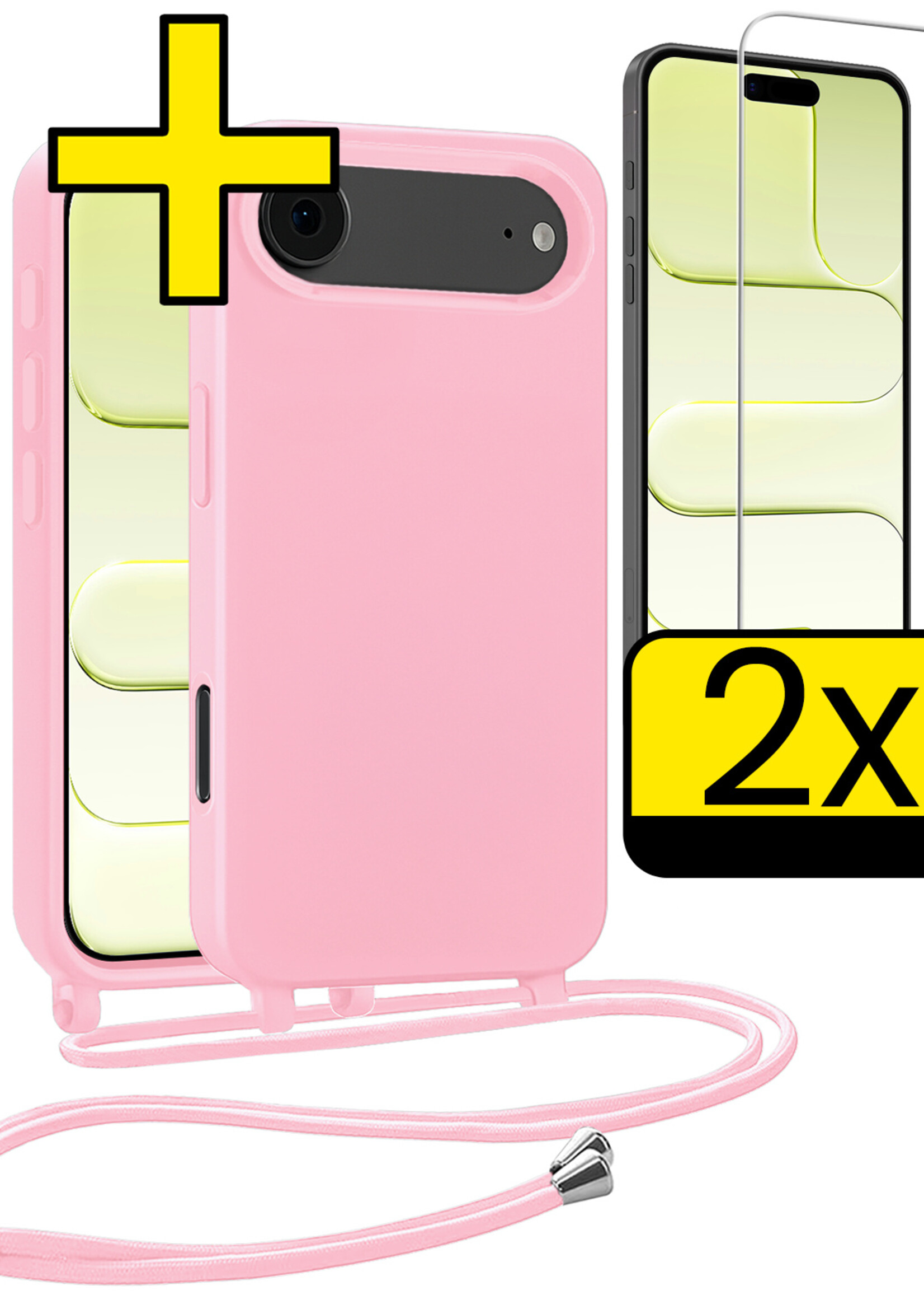 LUQ LUQ iPhone Air Hoesje met Koord Met 2x Screenprotector - Lichtroze