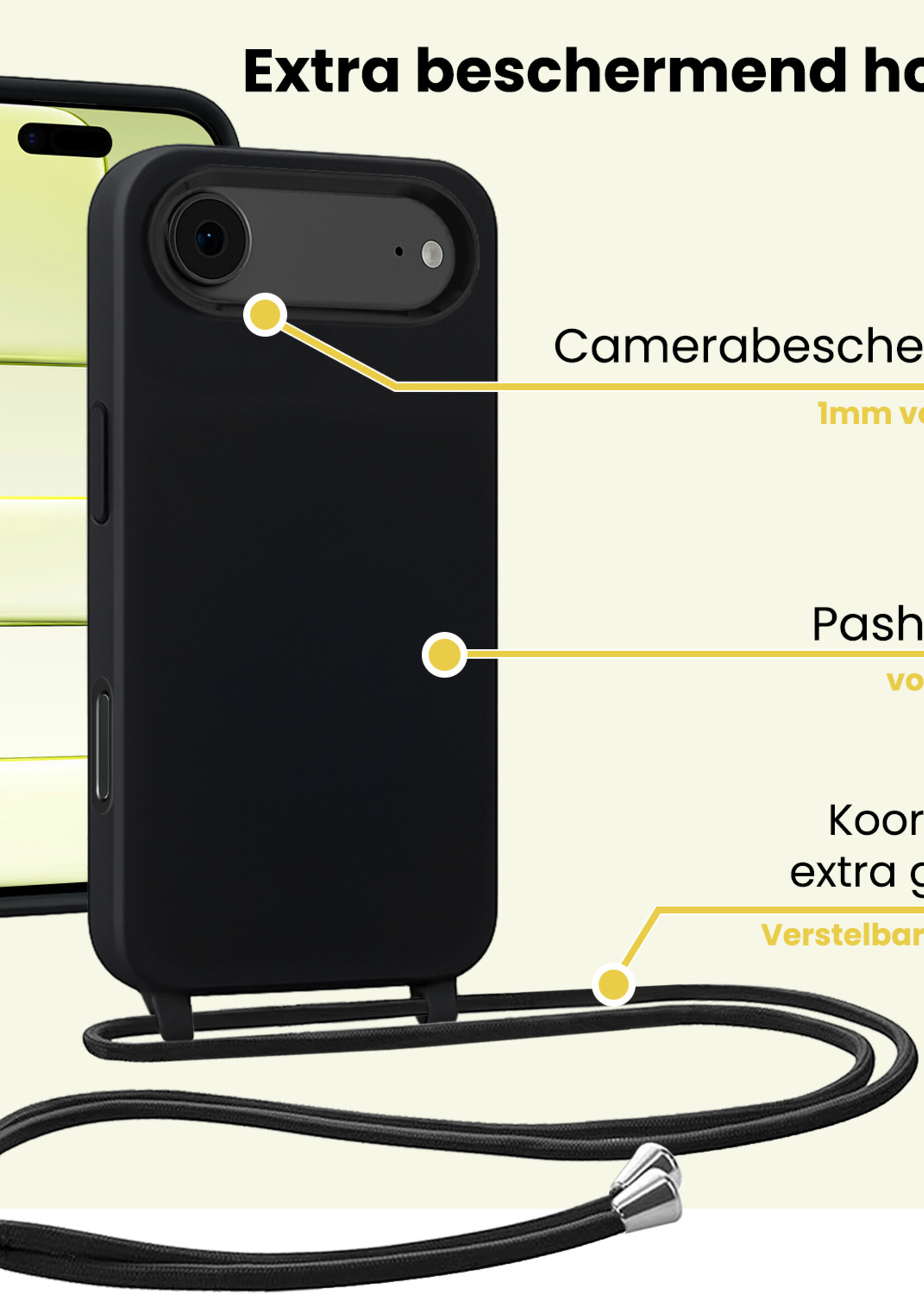 LUQ LUQ iPhone Air Hoesje met Koord Met Screenprotector - Zwart