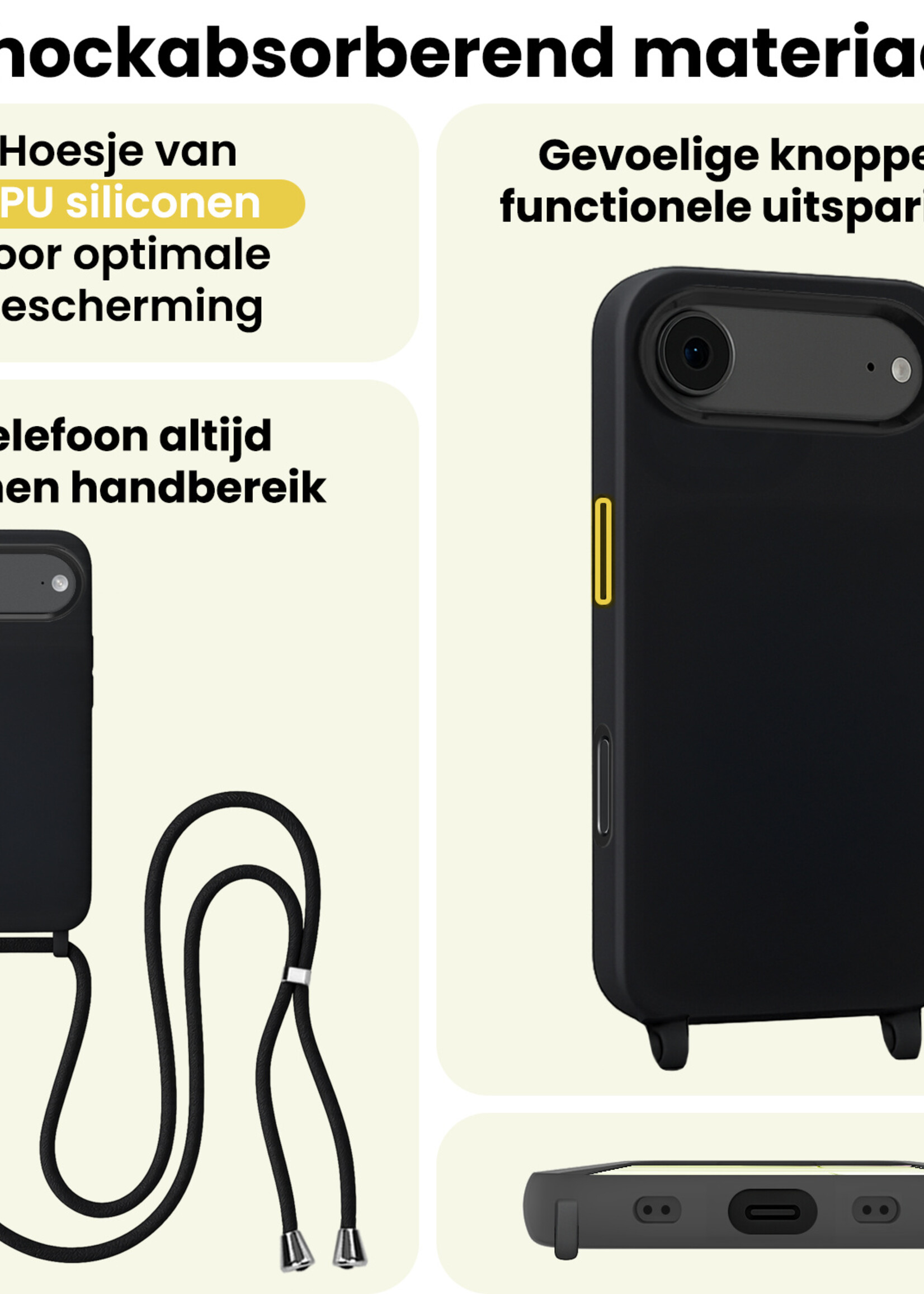 LUQ LUQ iPhone Air Hoesje met Koord Met Screenprotector - Zwart