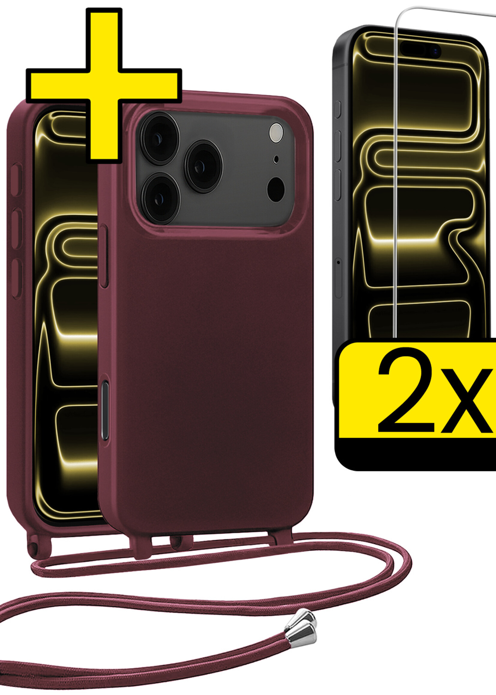 LUQ LUQ iPhone 17 Pro Hoesje met Koord Met 2x Screenprotector - Aubergine