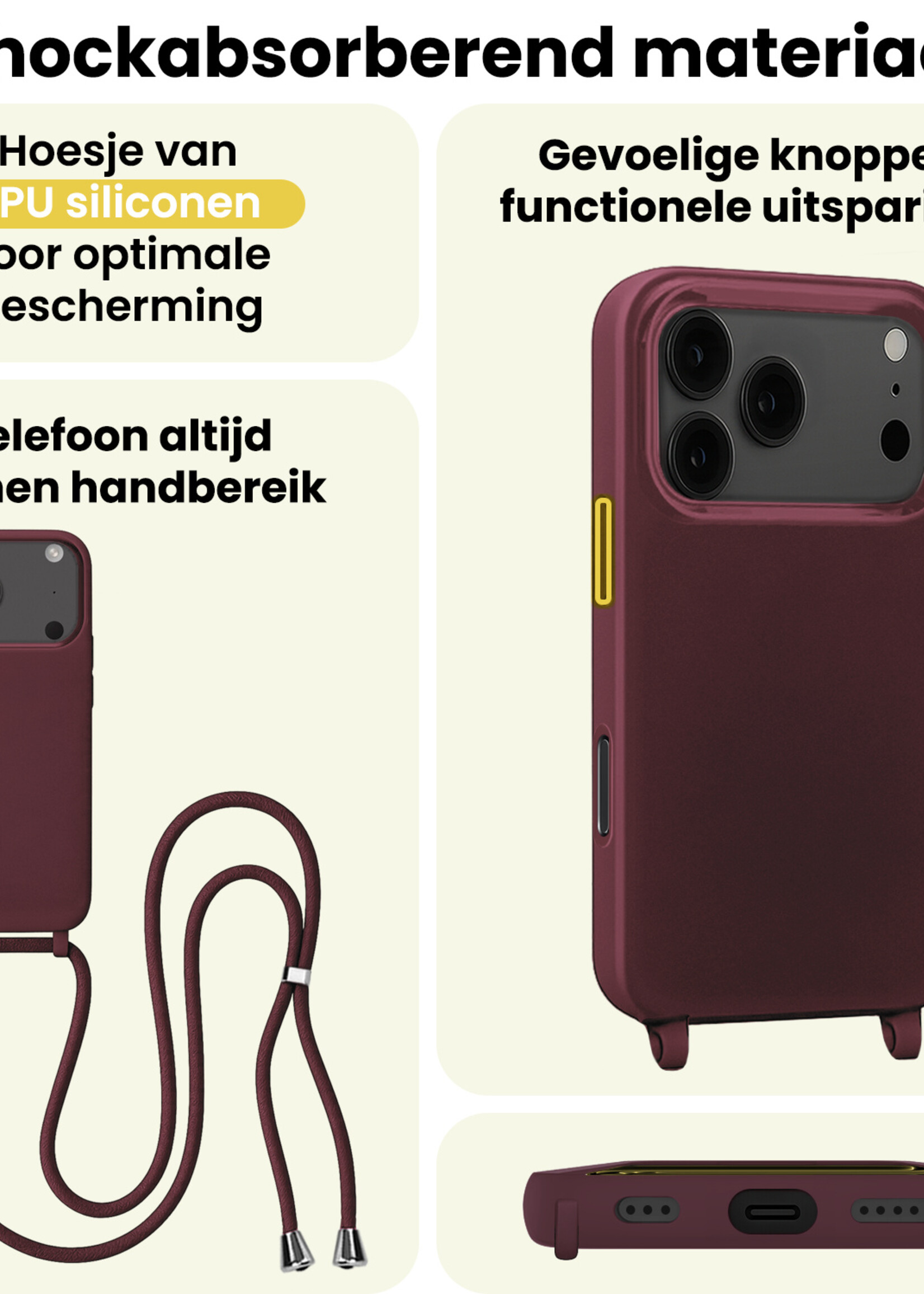 LUQ LUQ iPhone 17 Pro Hoesje met Koord Met 2x Screenprotector - Aubergine