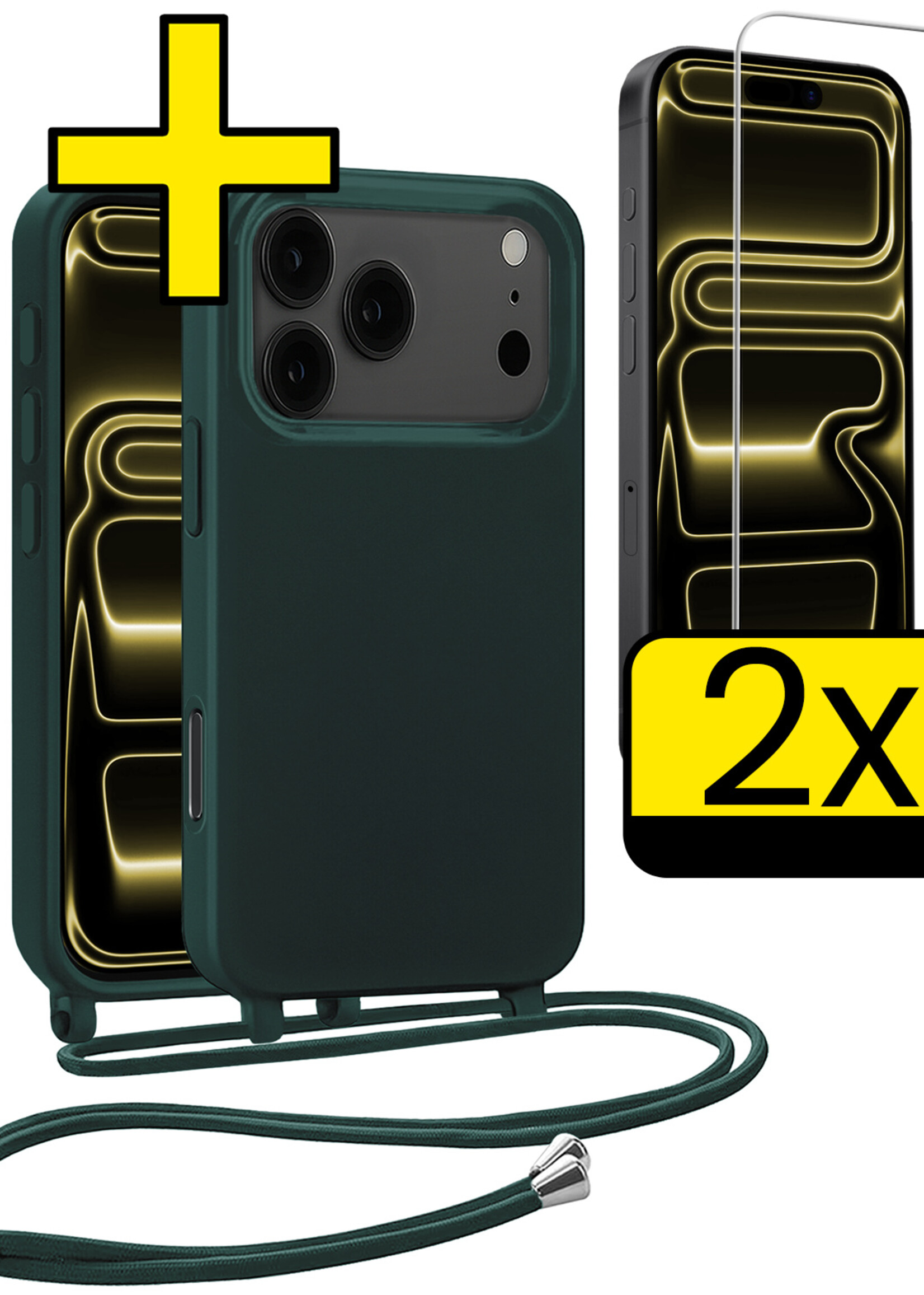LUQ LUQ iPhone 17 Pro Hoesje met Koord Met 2x Screenprotector - Donkergroen