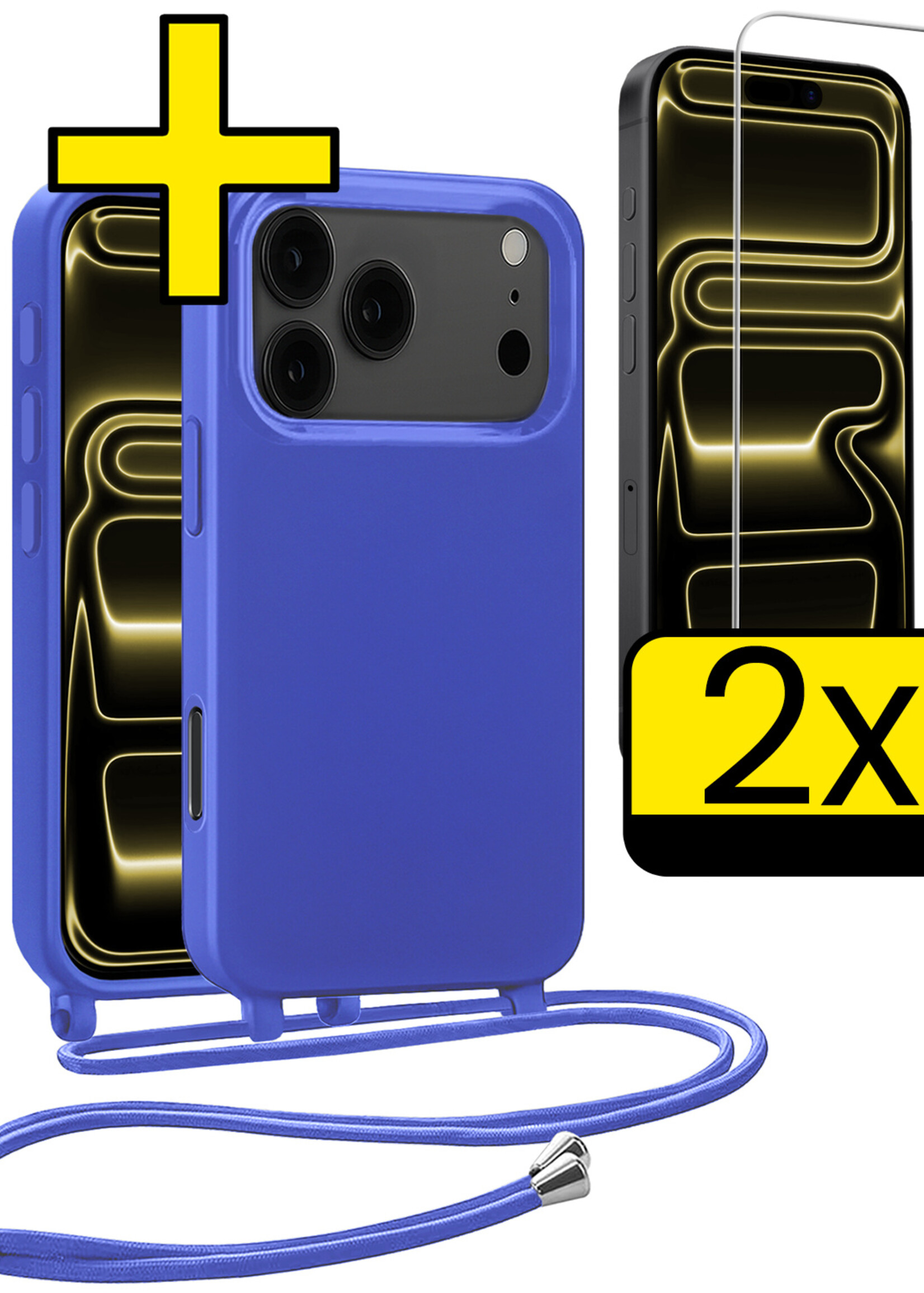 LUQ LUQ iPhone 17 Pro Hoesje met Koord Met 2x Screenprotector - Fel Blauw