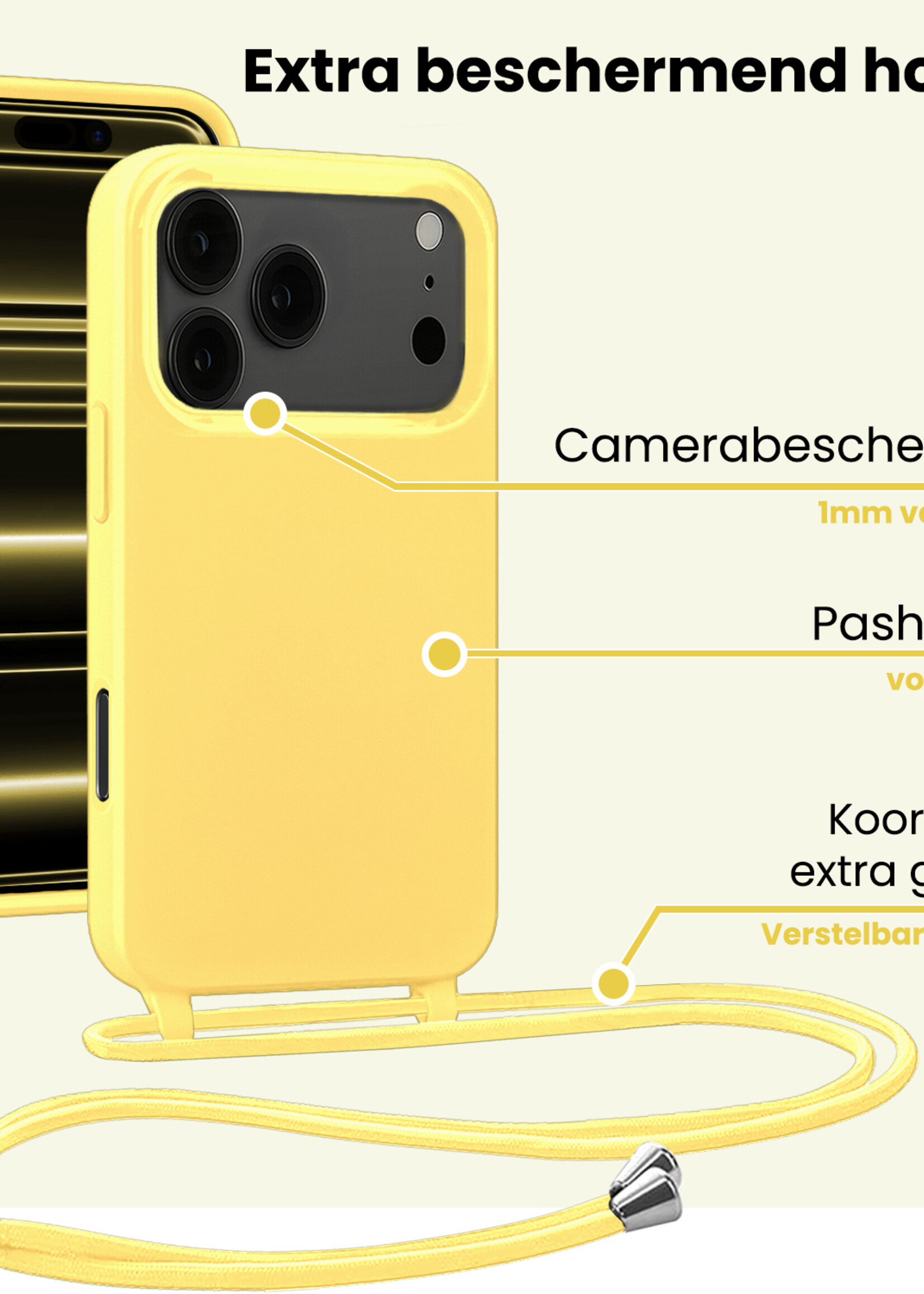 LUQ LUQ iPhone 17 Pro Hoesje met Koord Met Screenprotector - Geel