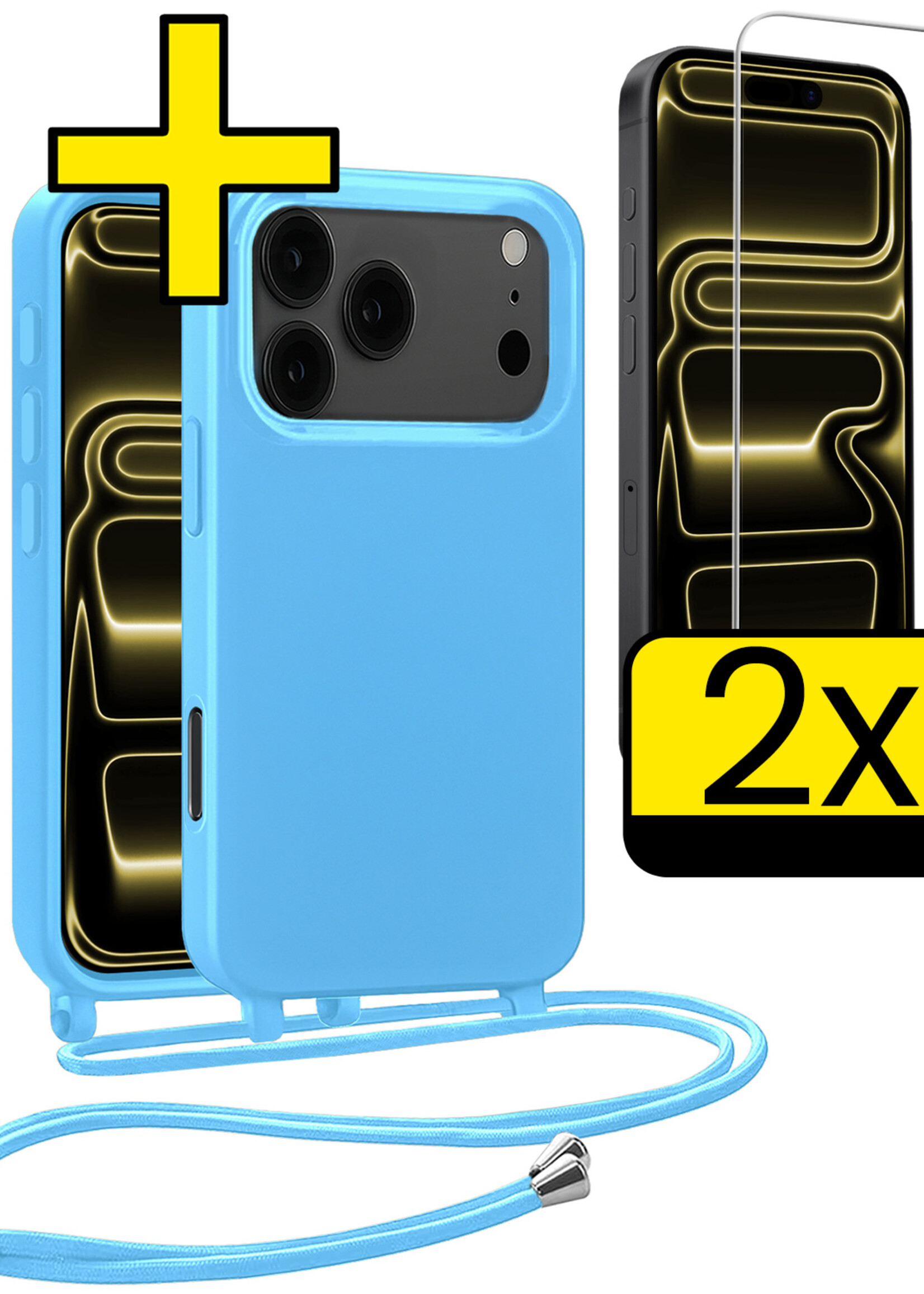 LUQ LUQ iPhone 17 Pro Hoesje met Koord Met 2x Screenprotector - Lichtblauw