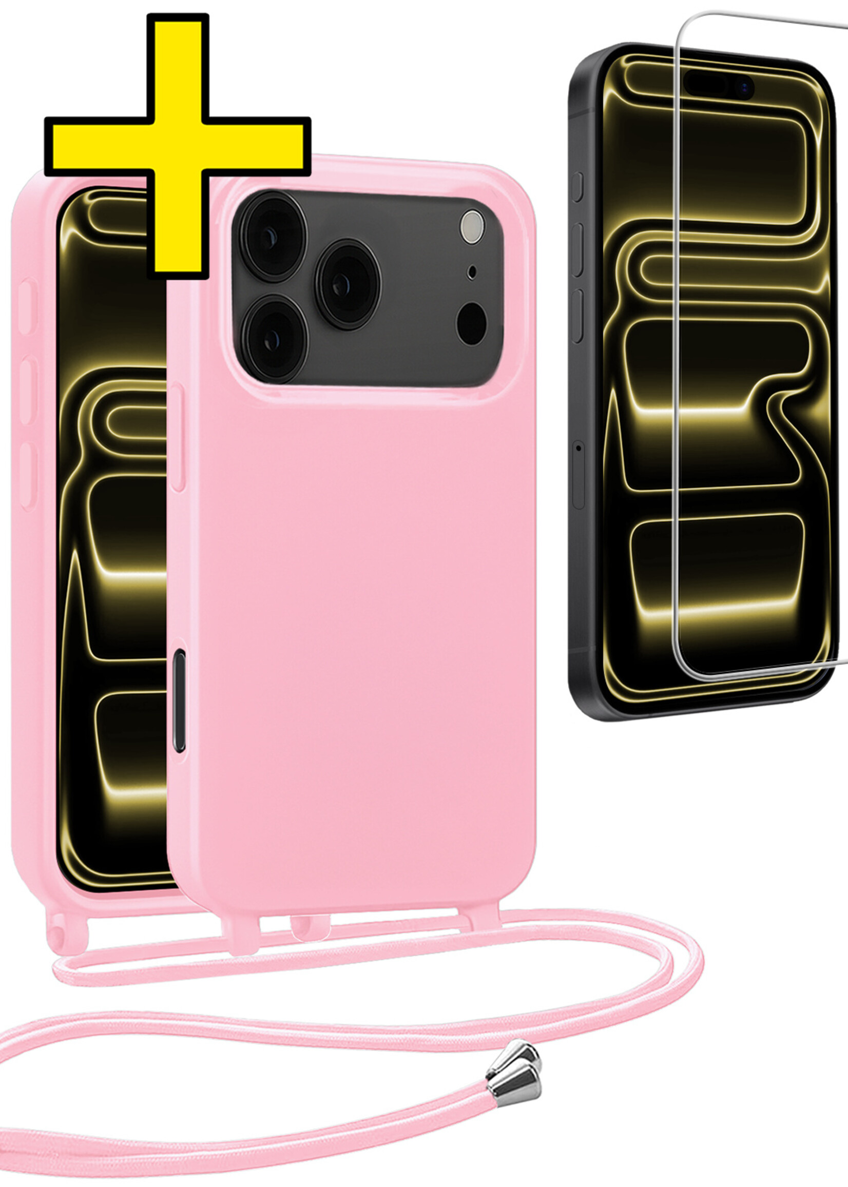 LUQ LUQ iPhone 17 Pro Hoesje met Koord Met Screenprotector - Lichtroze