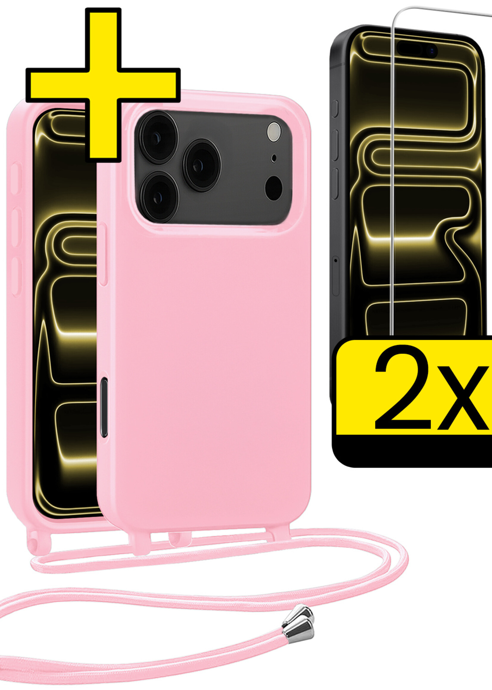 LUQ LUQ iPhone 17 Pro Hoesje met Koord Met 2x Screenprotector - Lichtroze