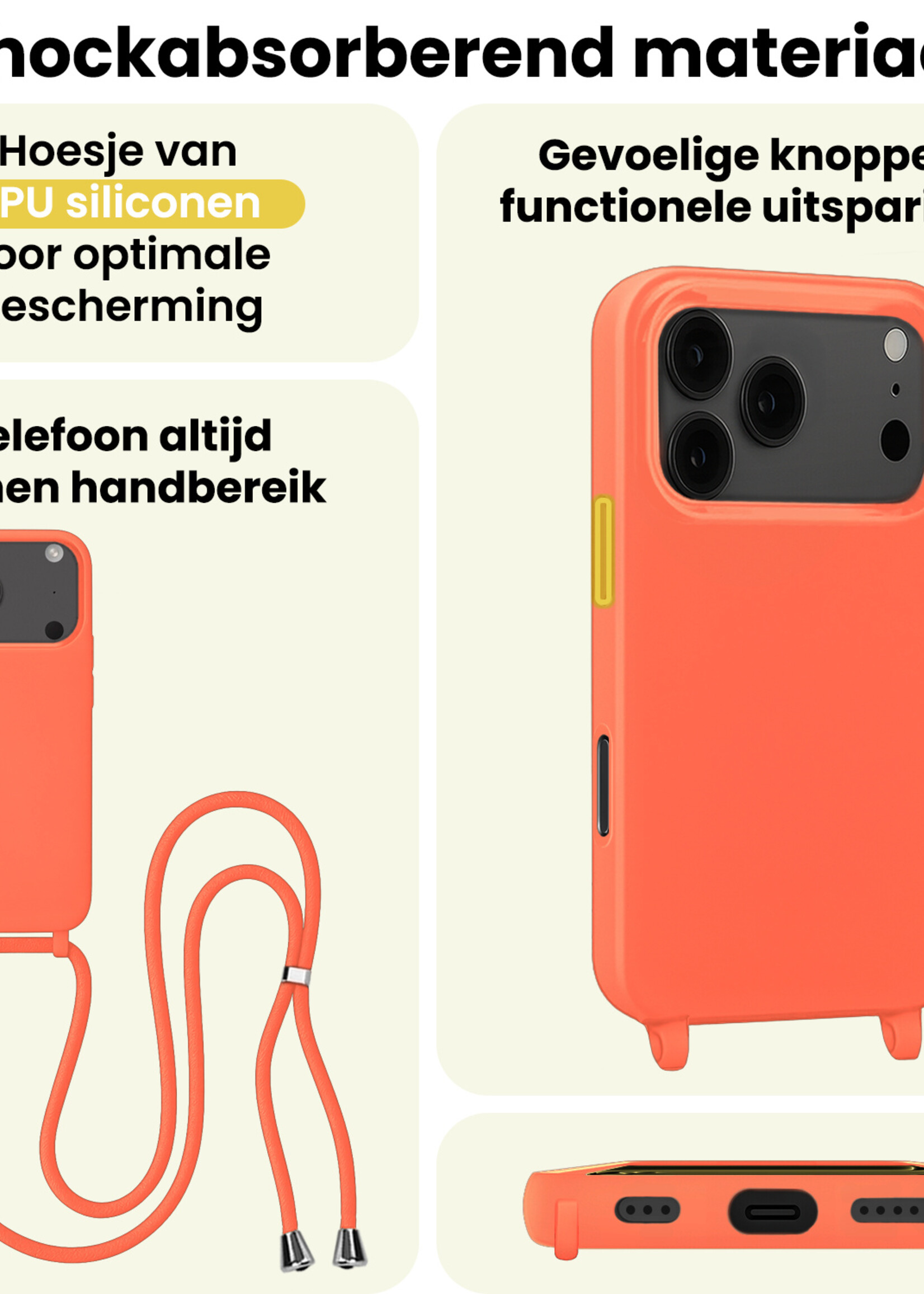 LUQ LUQ iPhone 17 Pro Hoesje met Koord Met Screenprotector - Papaya