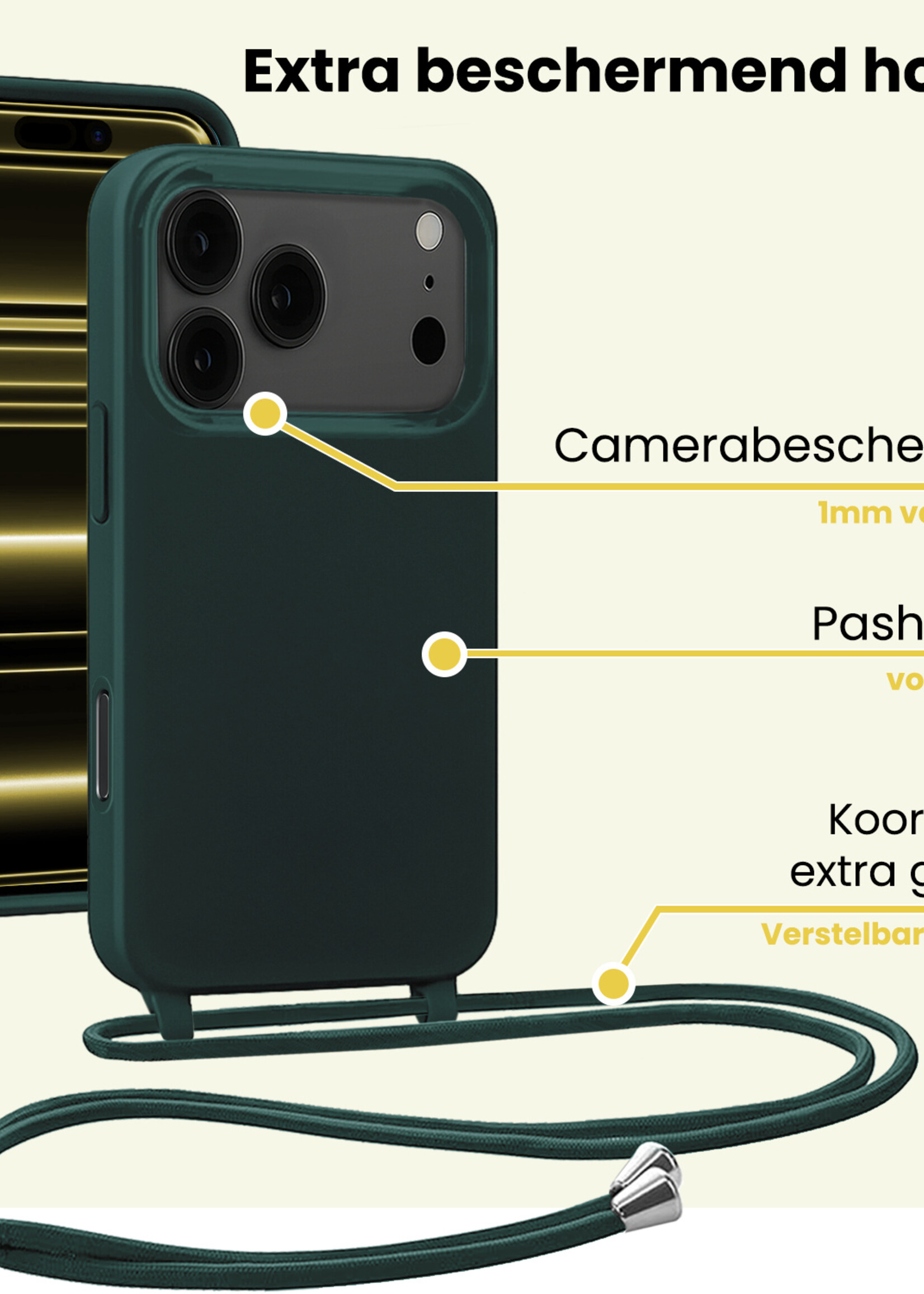 LUQ LUQ iPhone 17 Pro Max Hoesje met Koord Met 2x Screenprotector - Donkergroen