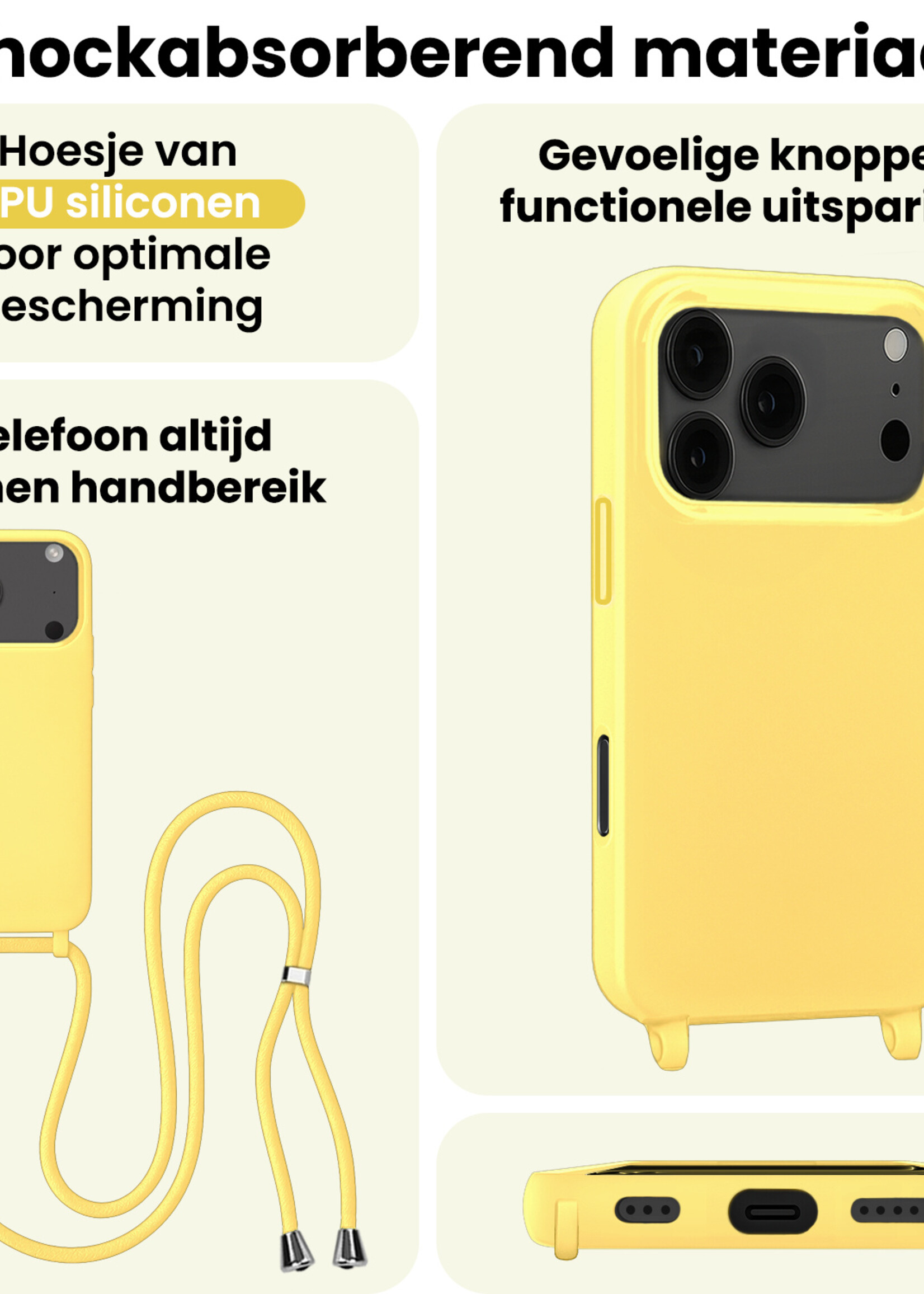 LUQ LUQ iPhone 17 Pro Max Hoesje met Koord Met Screenprotector - Geel