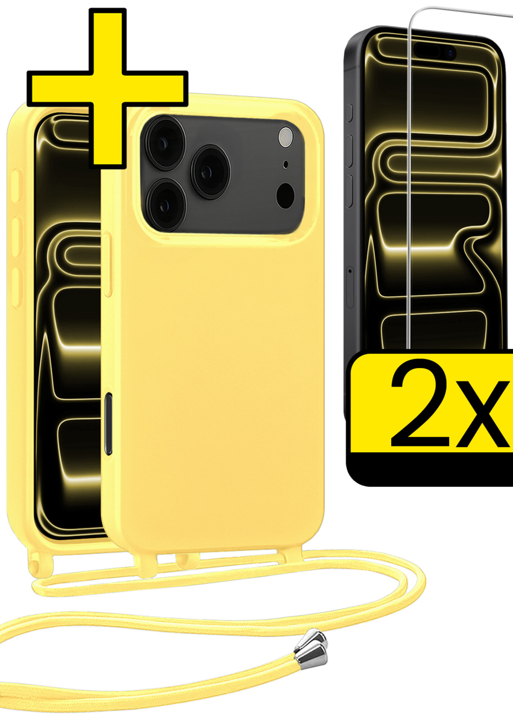 LUQ LUQ iPhone 17 Pro Max Hoesje met Koord Met 2x Screenprotector - Geel