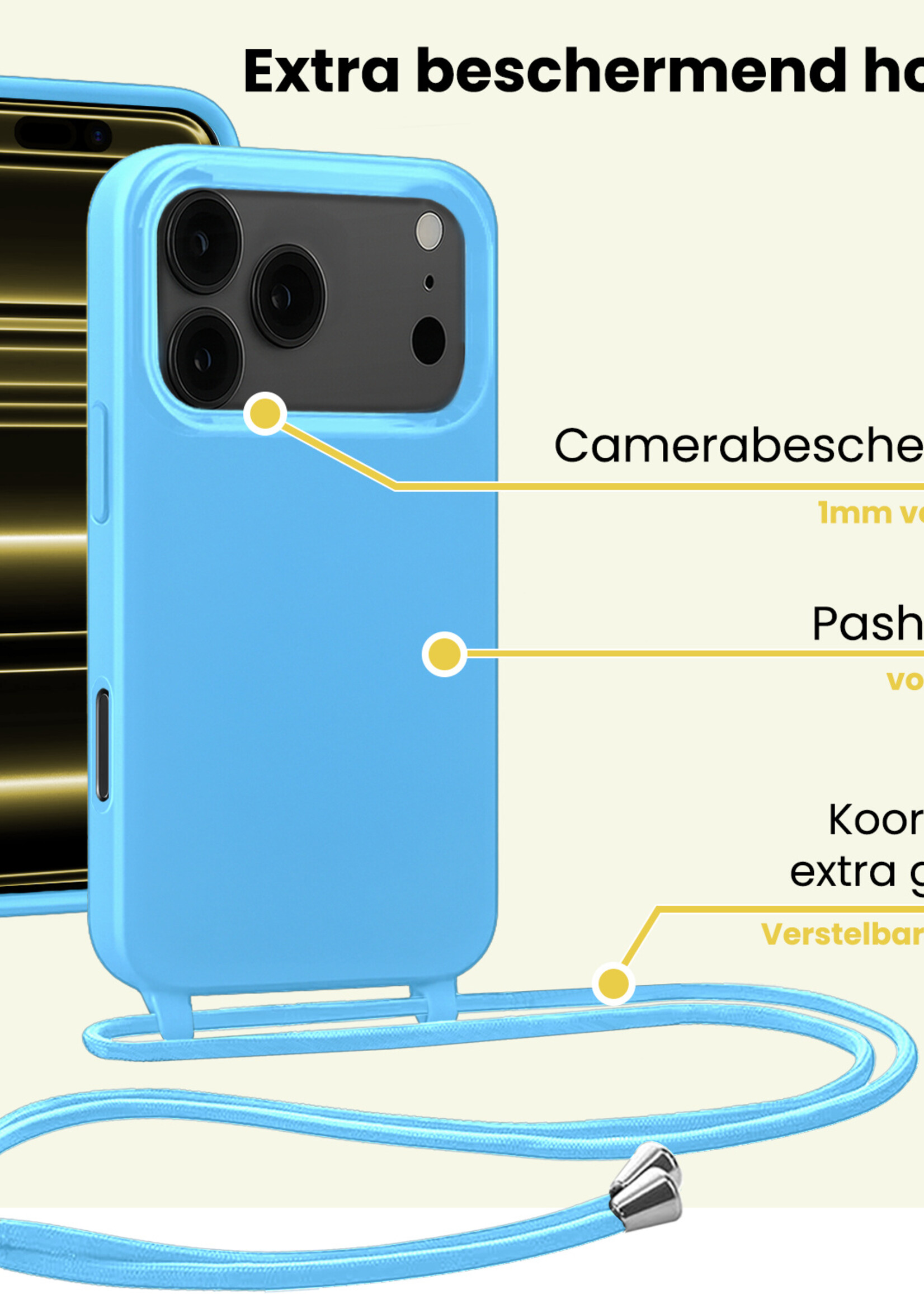 LUQ LUQ iPhone 17 Pro Max Hoesje met Koord Met Screenprotector - Lichtblauw