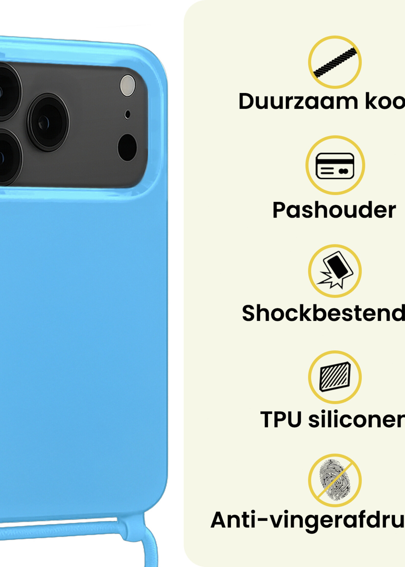 LUQ LUQ iPhone 17 Pro Max Hoesje met Koord Met 2x Screenprotector - Lichtblauw