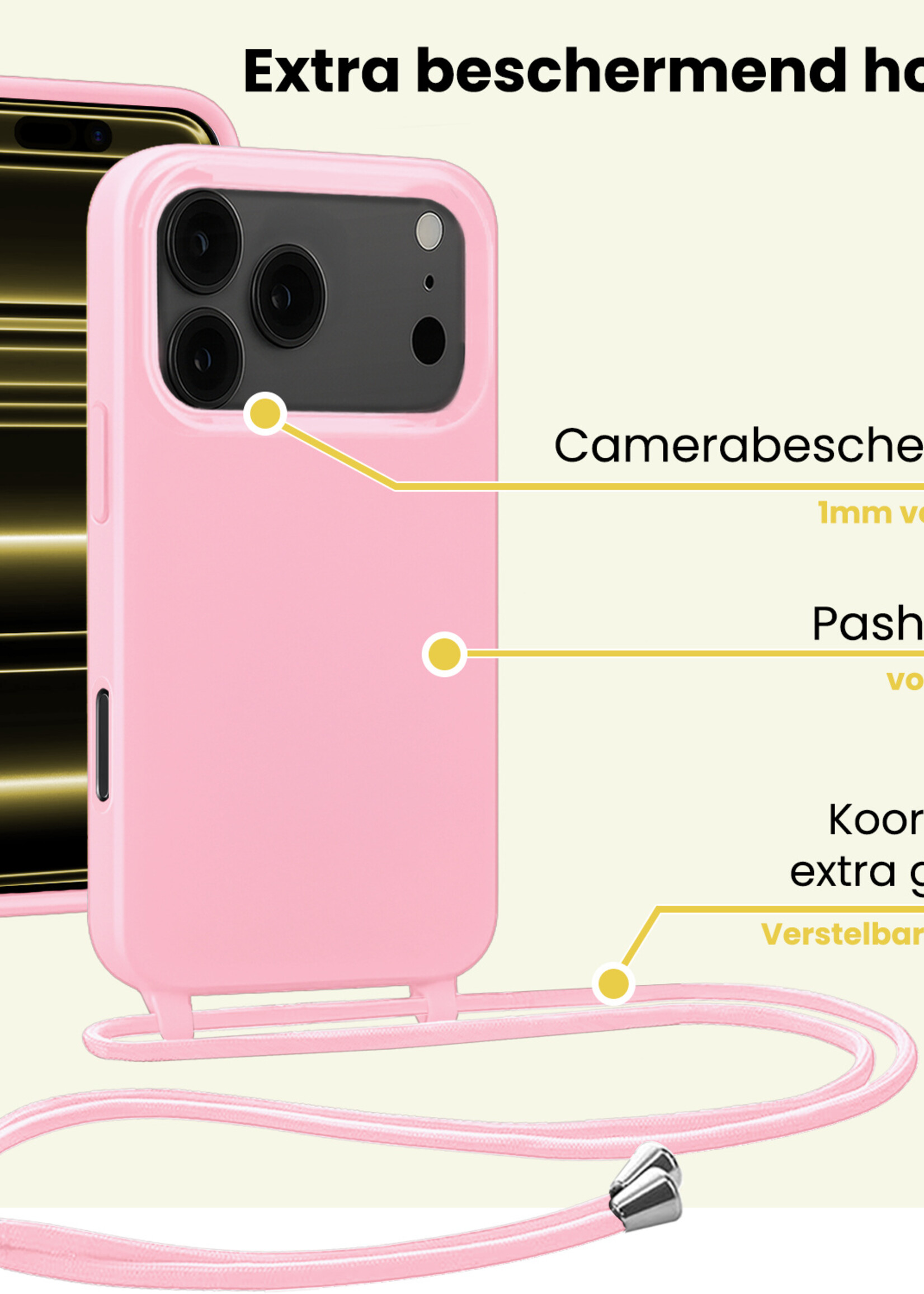 LUQ LUQ iPhone 17 Pro Max Hoesje met Koord Met Screenprotector - Lichtroze