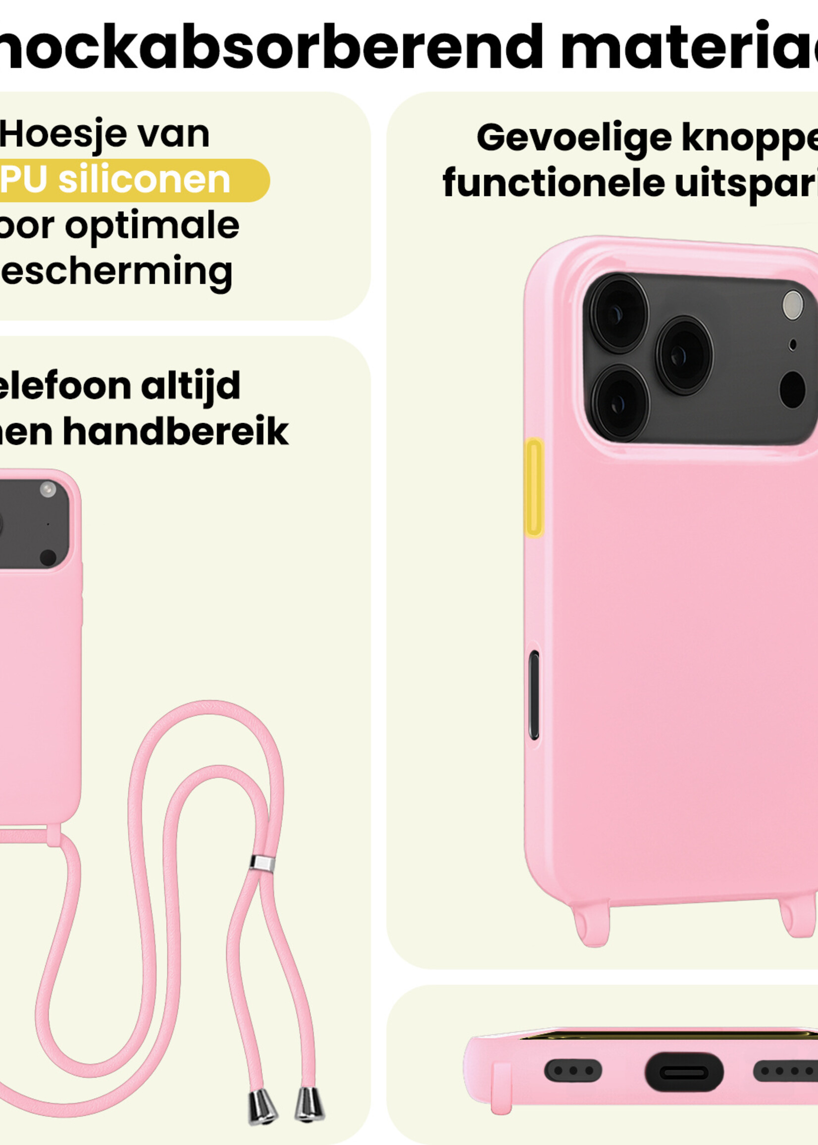LUQ LUQ iPhone 17 Pro Max Hoesje met Koord Met 2x Screenprotector - Lichtroze